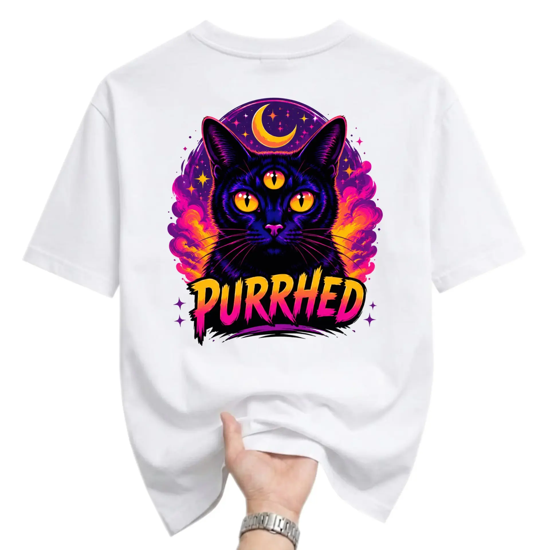 Funny Shirt Three Eyed Cat Graphic Tee Cosmic Celestial Kitten Art Print Unisex Casual Everyday Crew Neck T-Shirt