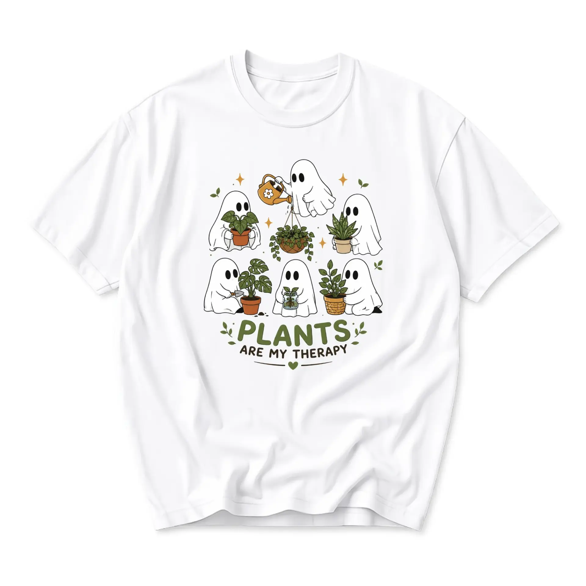 Graphic Tee Plants Are My Therapy Cute Ghost Gardener Unisex T-Shirt Botanical Illustration Casual Crew Neck Cotton Top
