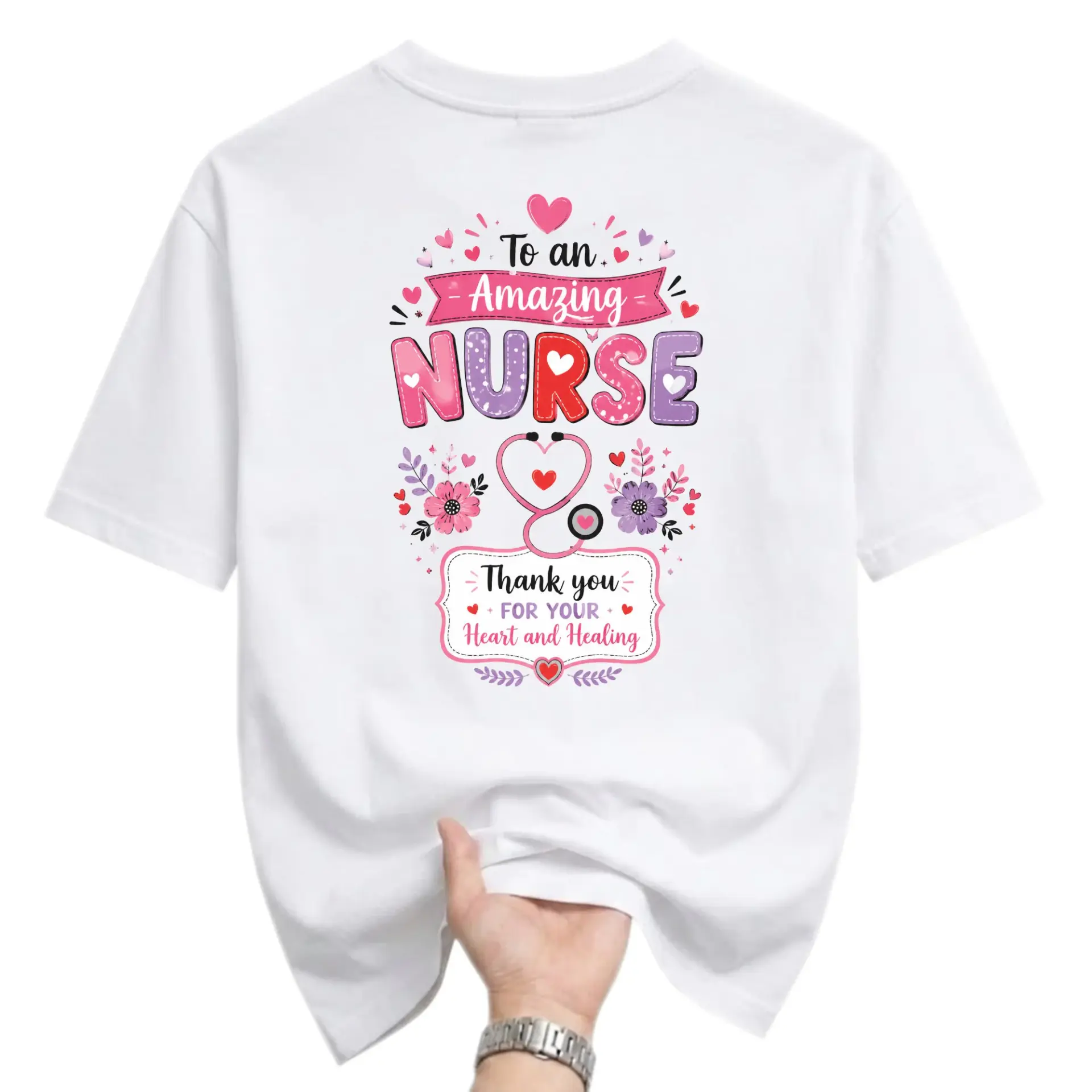 Graphic Tee Amazing Nurse T-Shirt Medical Professional Appreciation Heart Stethoscope Floral Print Unisex Crew Neck