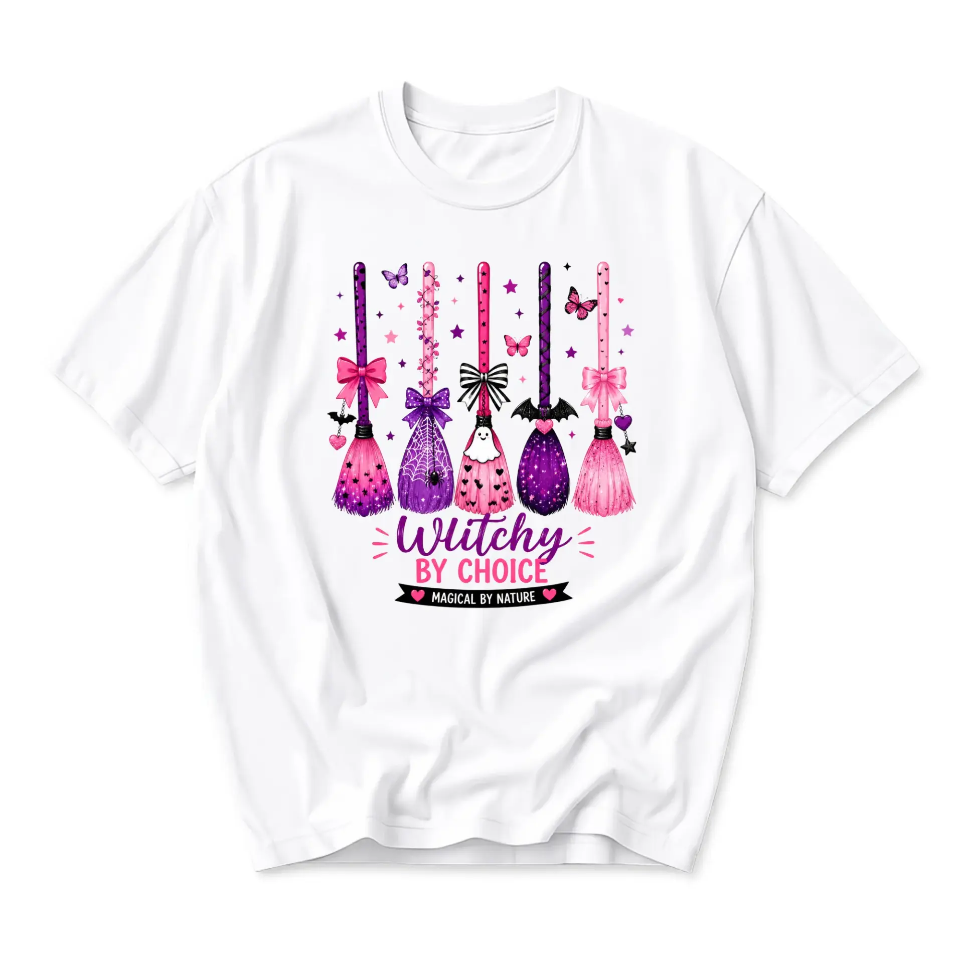 Graphic Tee Witchy by Choice Magical by Nature Unisex Crew Neck T-Shirt Pink and Purple Broomstick Illustration