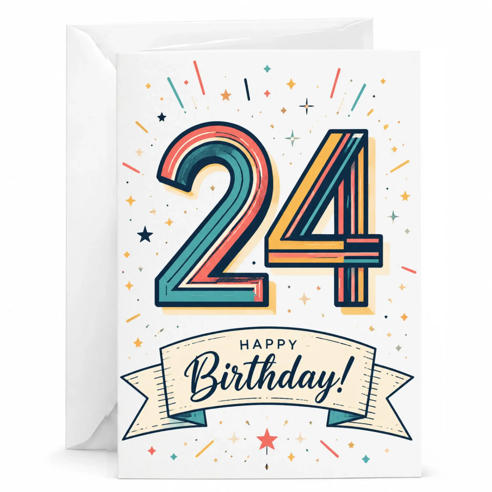 Birthday Card 24th Birthday Vintage Style Greeting Card with Retro Number Design and Festive Stars 5x7 Folded Note