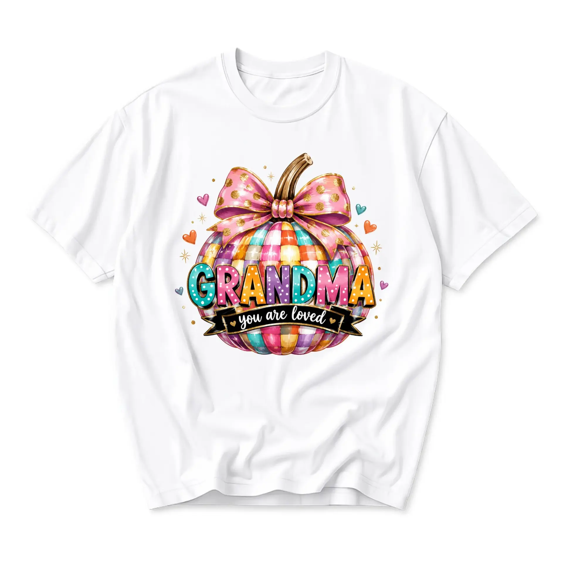 Graphic Tee Grandma You Are Loved Shirt Colorful Plaid Pumpkin Fall Season Unisex Casual Crew Neck Soft Cotton Top