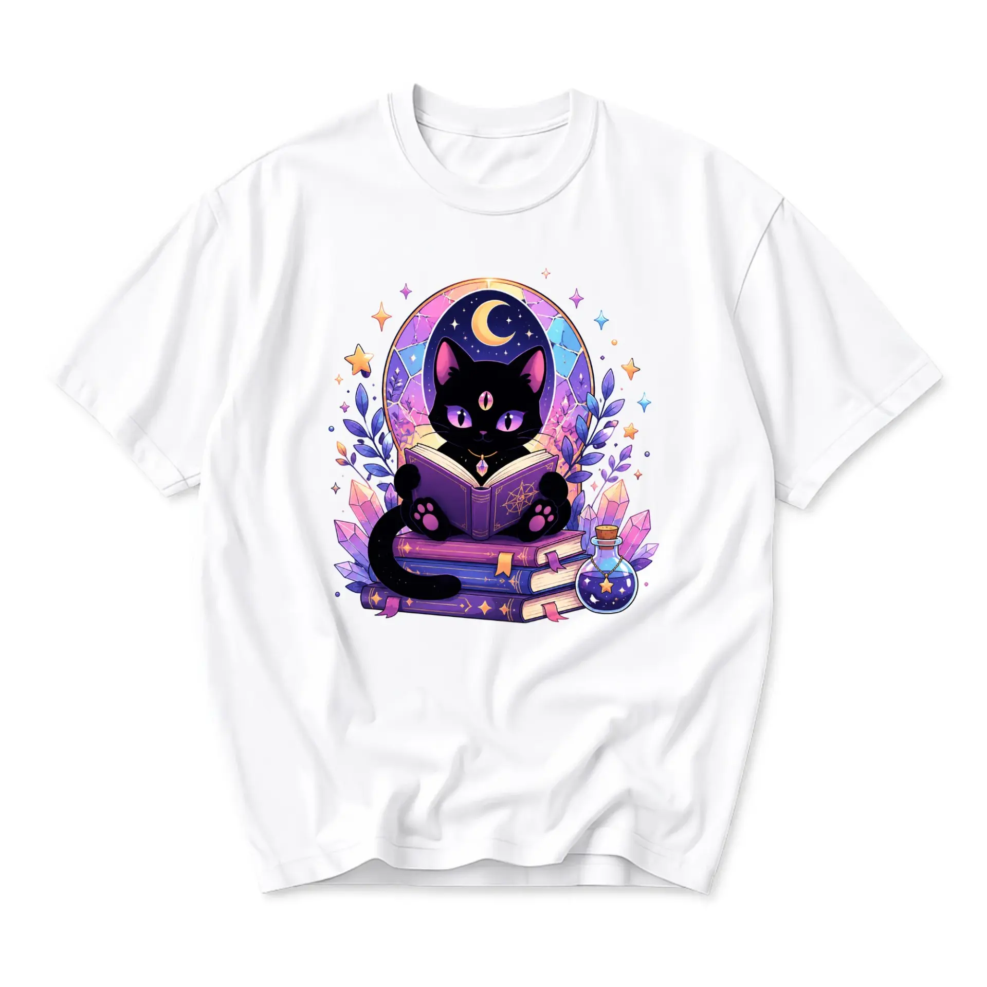 T-shirt Graphic Tee Featuring Mystical Black Cat Reading Books with Celestial Moon and Crystal Art Design Unisex