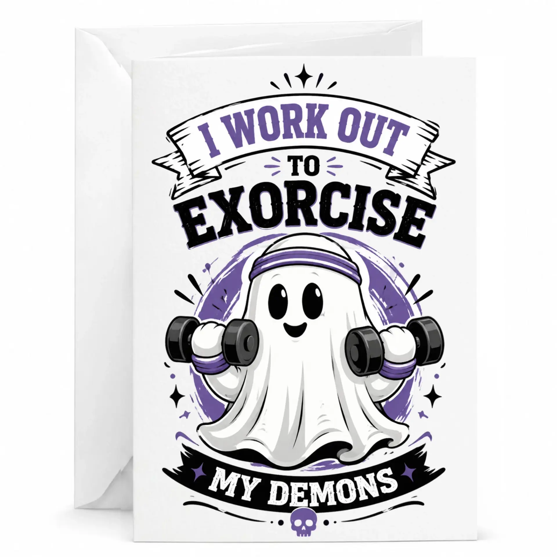 Funny Greeting Card I Work Out to Exorcise My Demons Featuring a Cute Exercising with Dumbbells for Fitness Fans