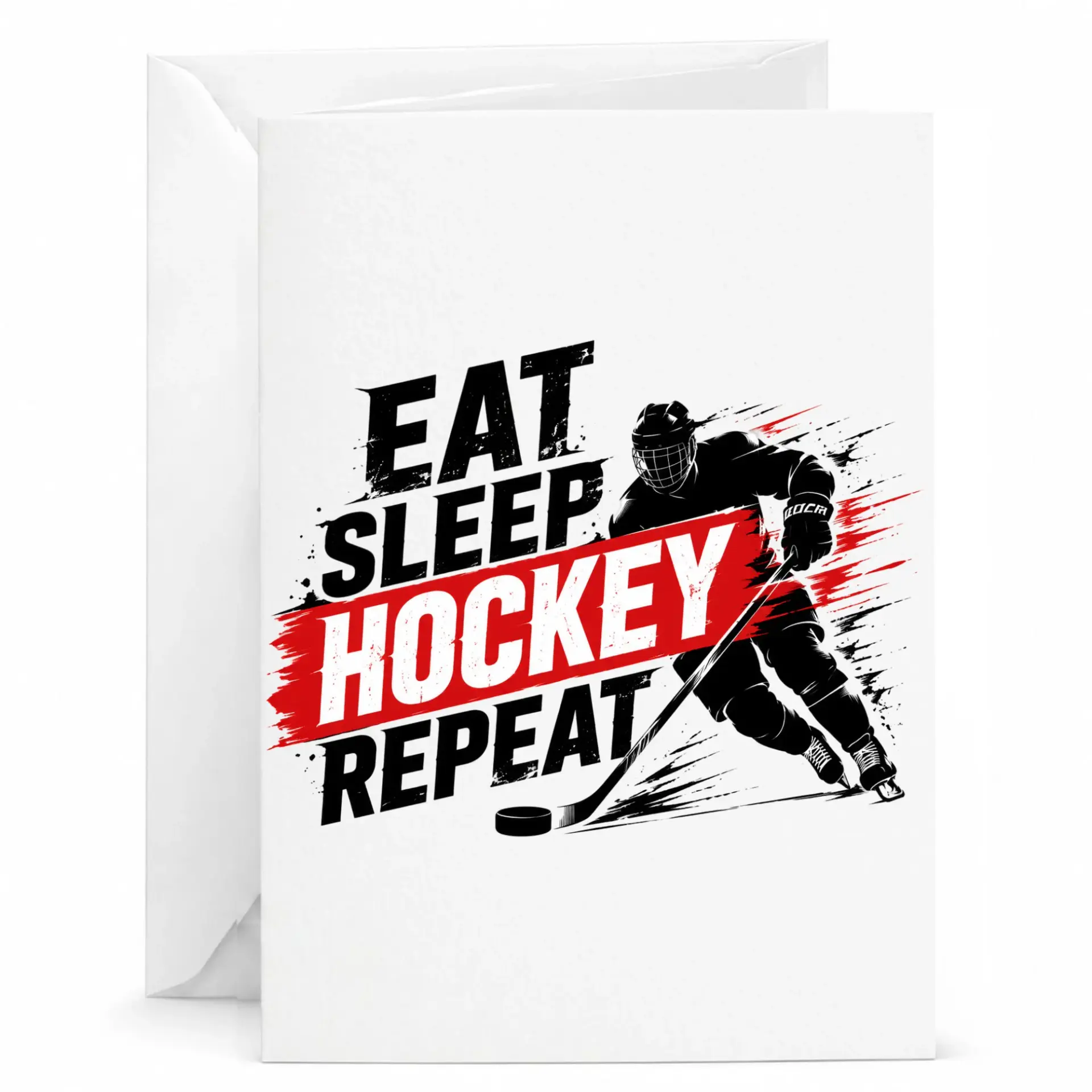 Greeting Card Eat Sleep Hockey Repeat Illustration for Sports Fans Athletic Enthusiasts Standard 5x7 Inches Folded Size