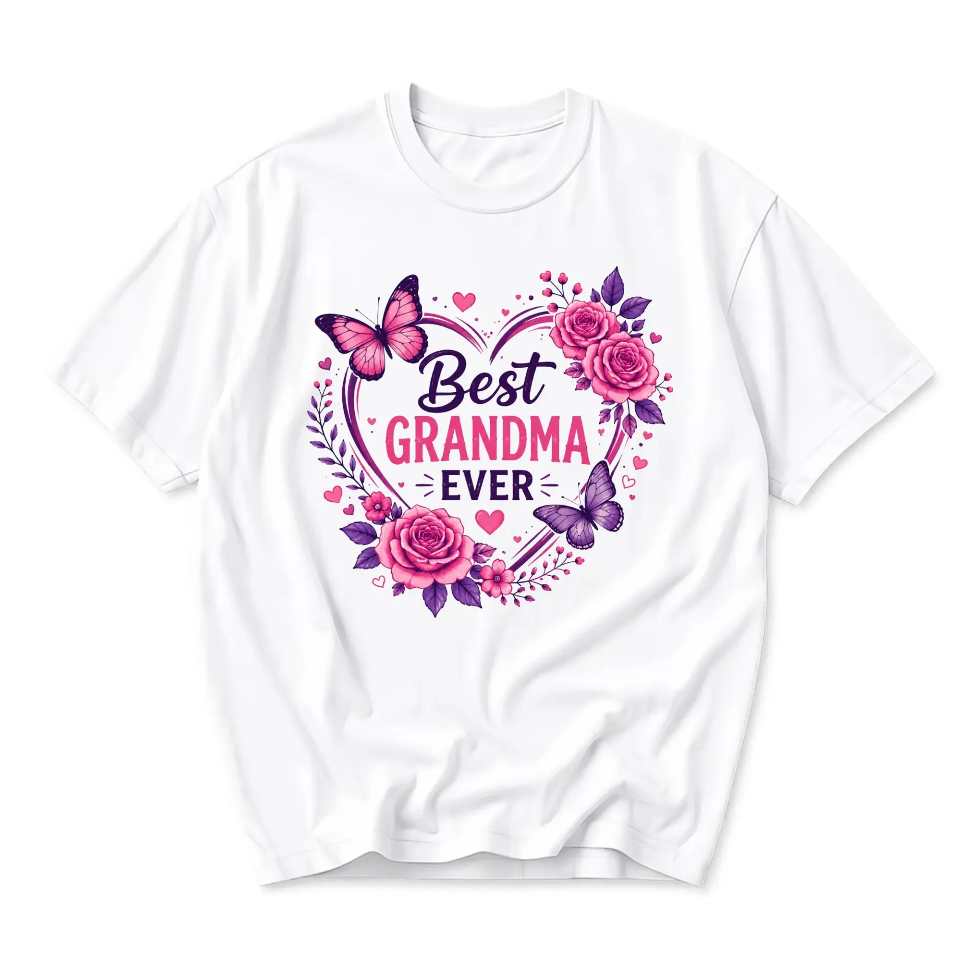T-shirt Best Grandma Ever Graphic Tee Floral Heart Butterfly Design White Unisex Crew Neck Casual Everyday Shirt