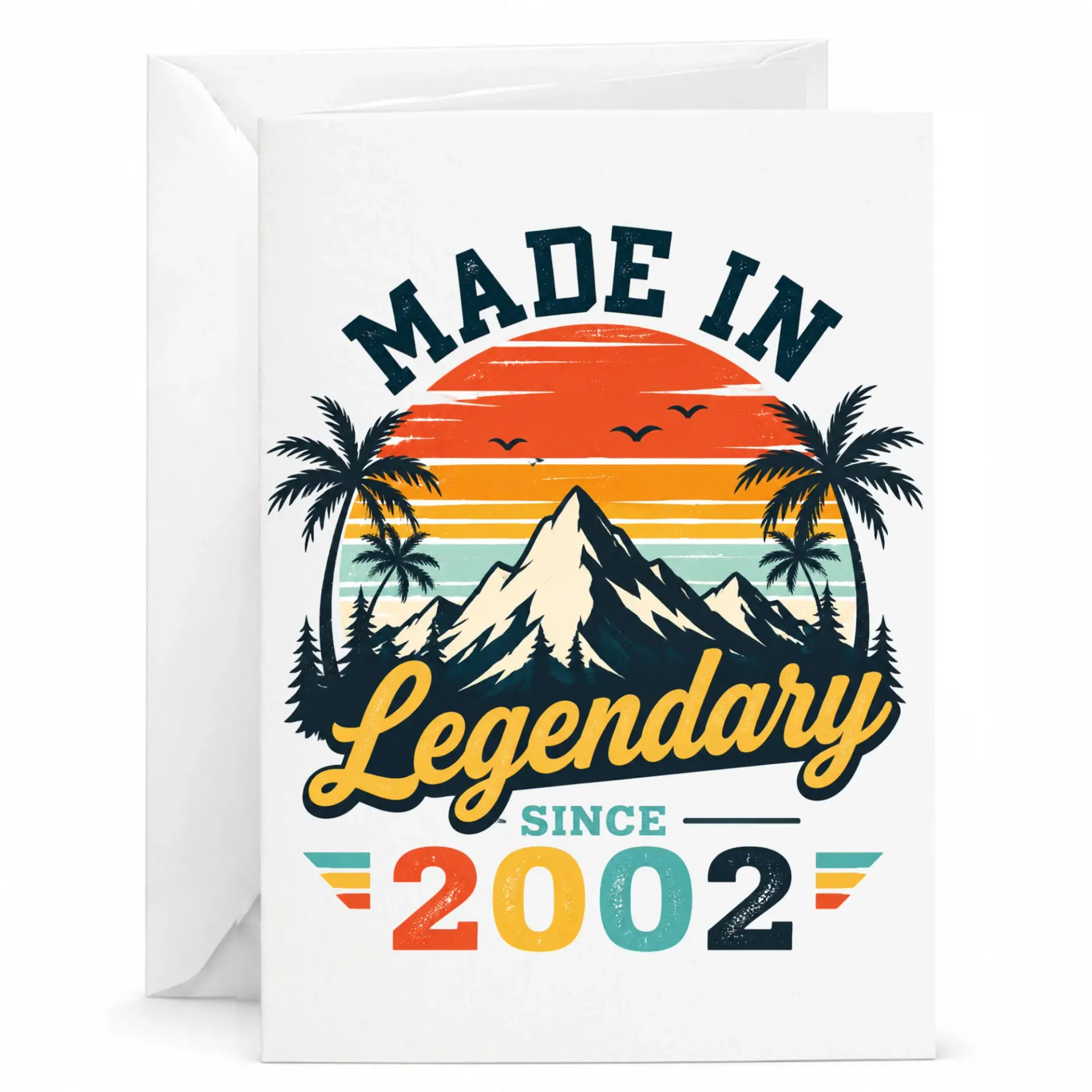 Greeting Card Made in Legendary Since 2002 Vintage Sunset Mountain Palm Tree Design Birthday Anniversary Keepsake
