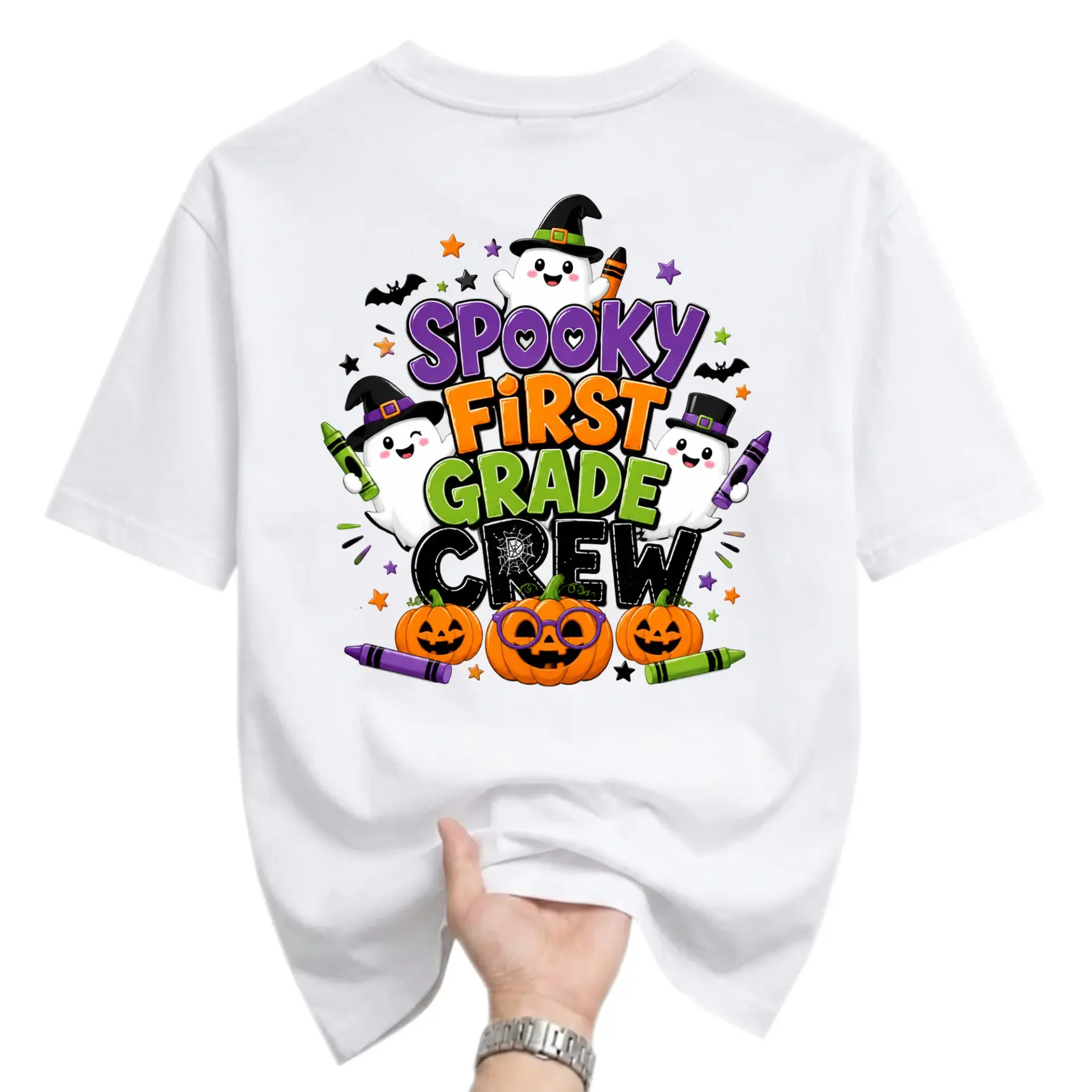 Graphic Tee Spooky First Grade Crew Shirt Funny Halloween Ghost Pumpkin Apparel for Seasonal Occasions White Unisex T-Shirt