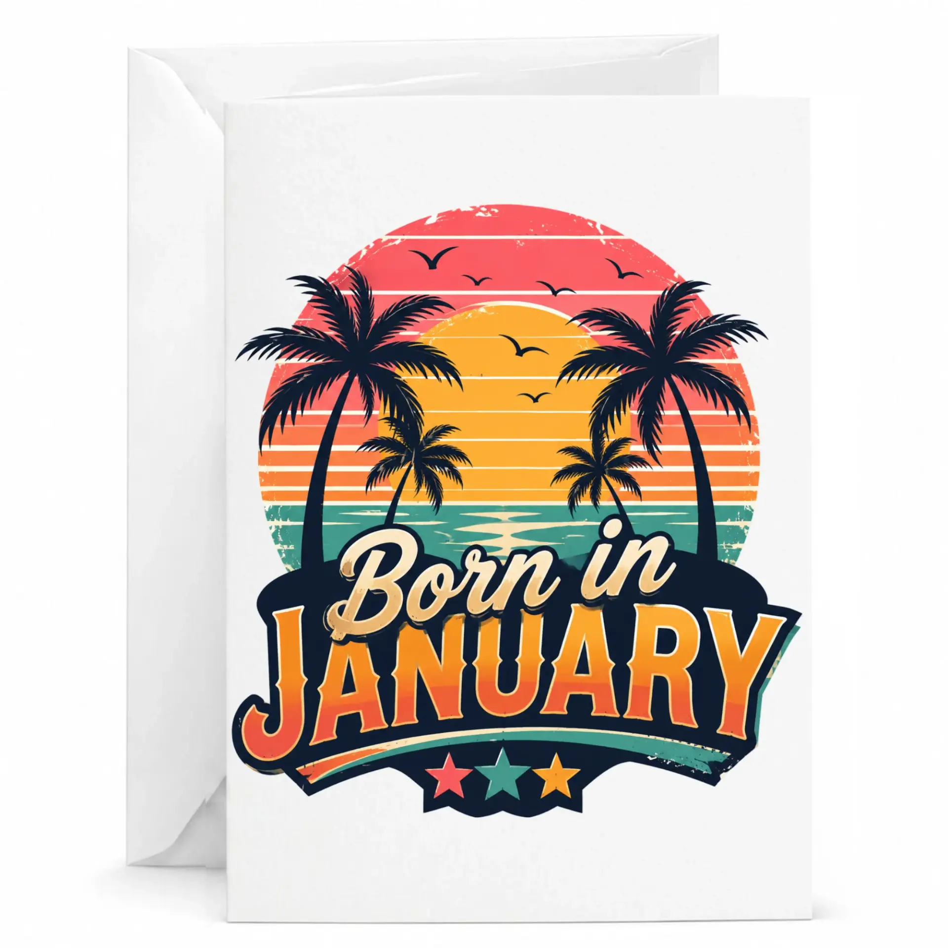 Birthday Card Born in January Sunset Palm Tree Design Greeting Card for Winter Birthday Celebrations 5x7 Inches