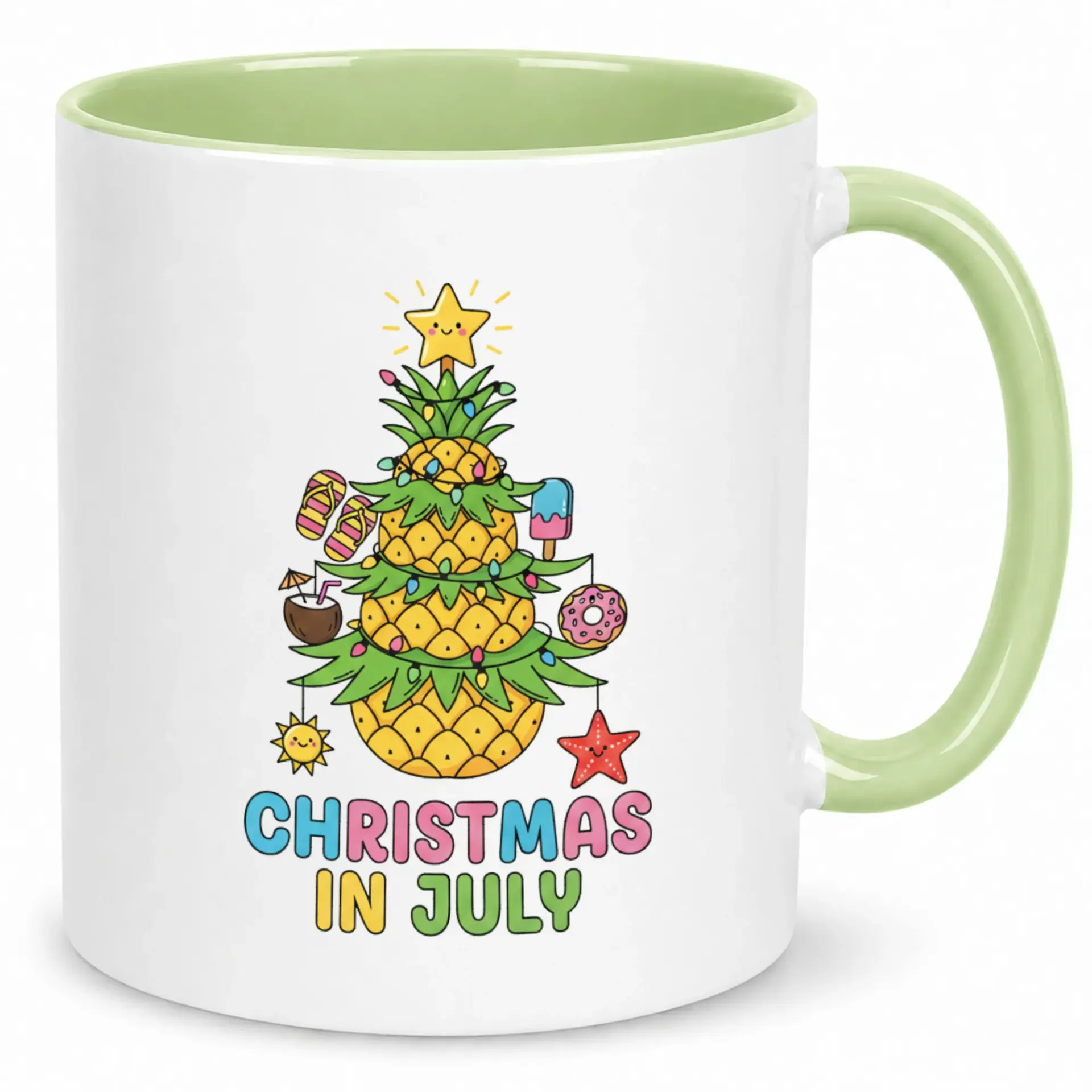 Funny Ceramic Coffee Mug with Christmas in July Pineapple Tree Design, Summer Holiday Themed Drinkware for Hot Beverages, Office Home Kitchen Gift