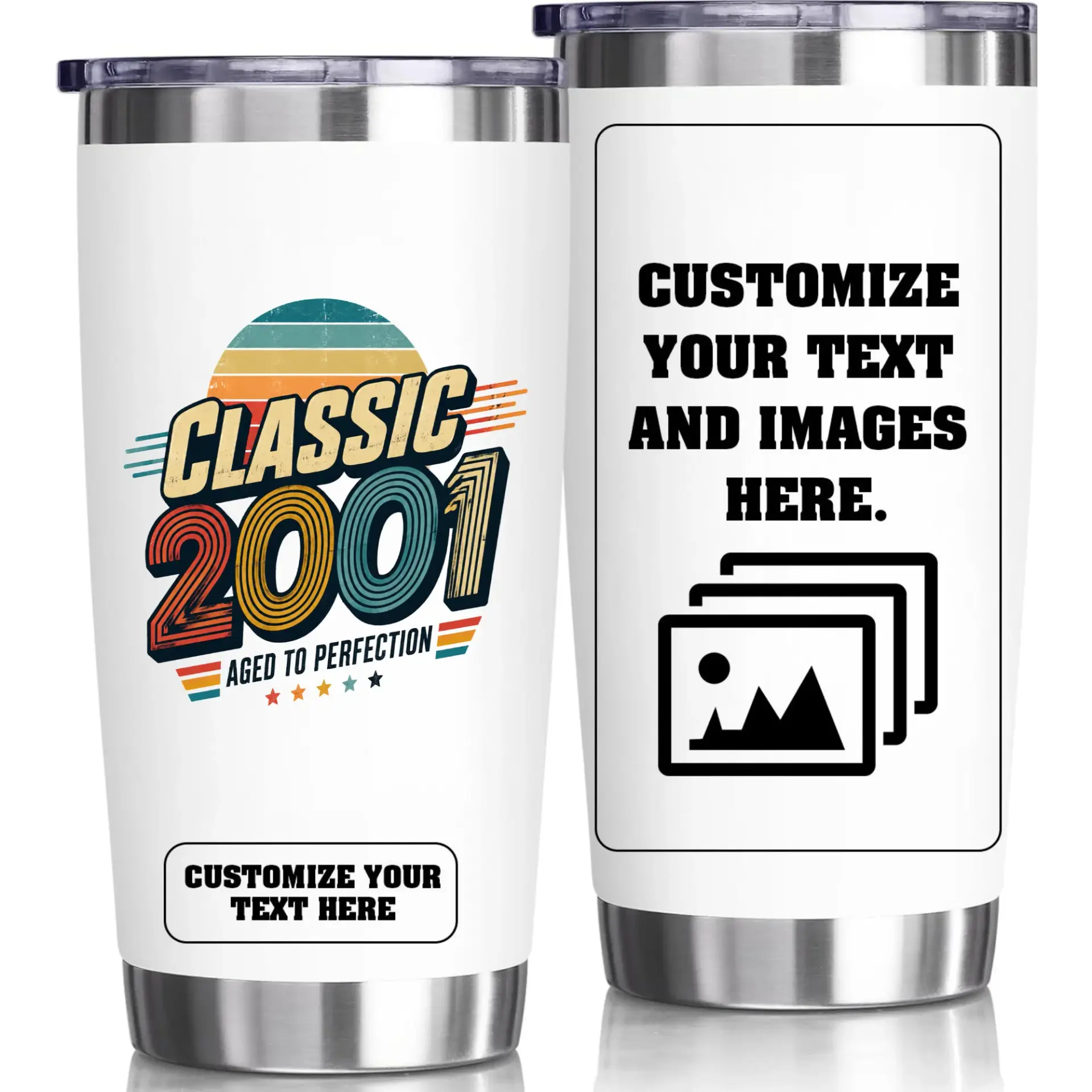 Stainless Steel Tumbler 20oz Custom Birthday Gift Vintage Style 2001 Aged to Perfection Insulated Travel Mug Cup