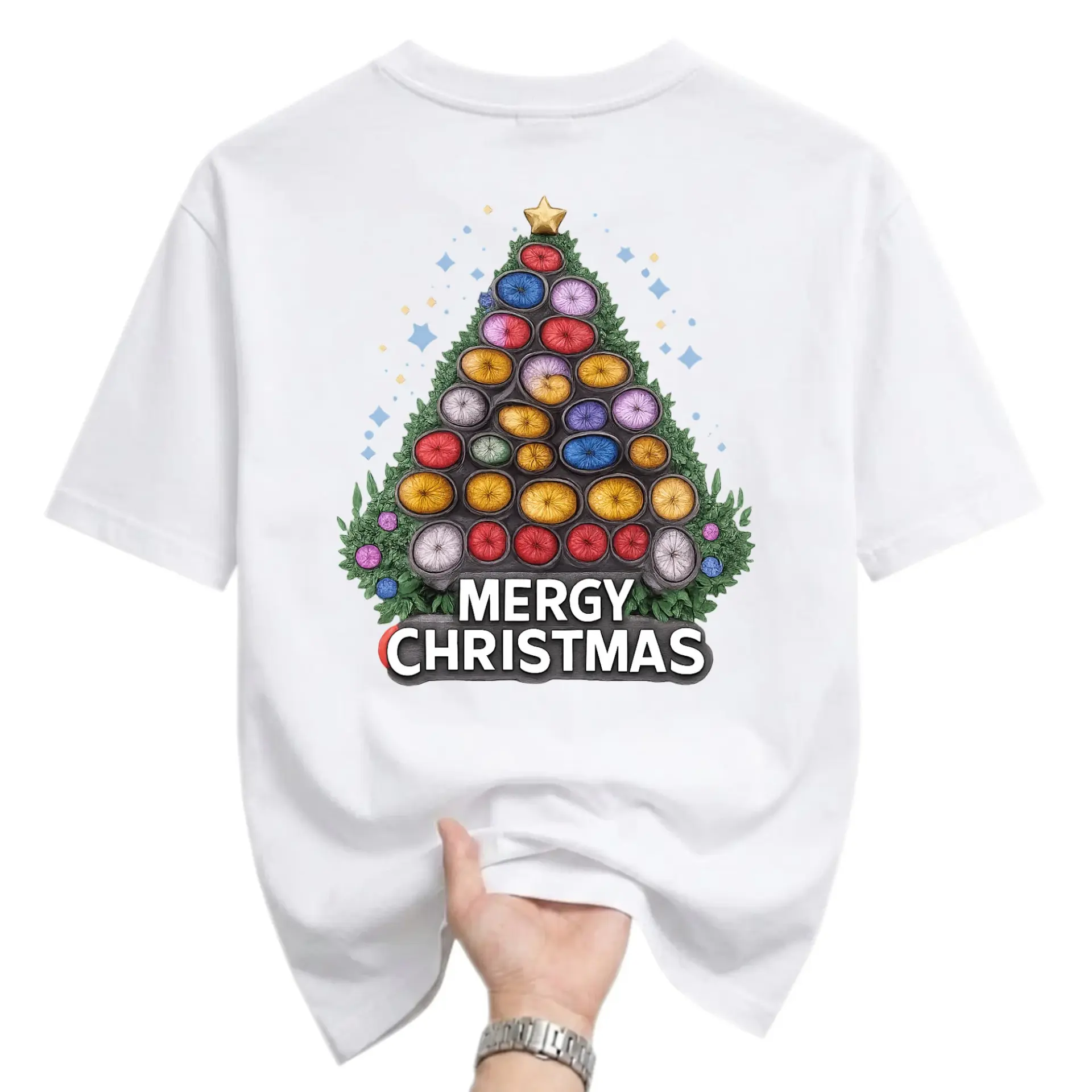 Graphic Tee Unisex Crew Neck T-Shirt Featuring Mergy Christmas Tree Illustration for Holiday Casual Wear Season