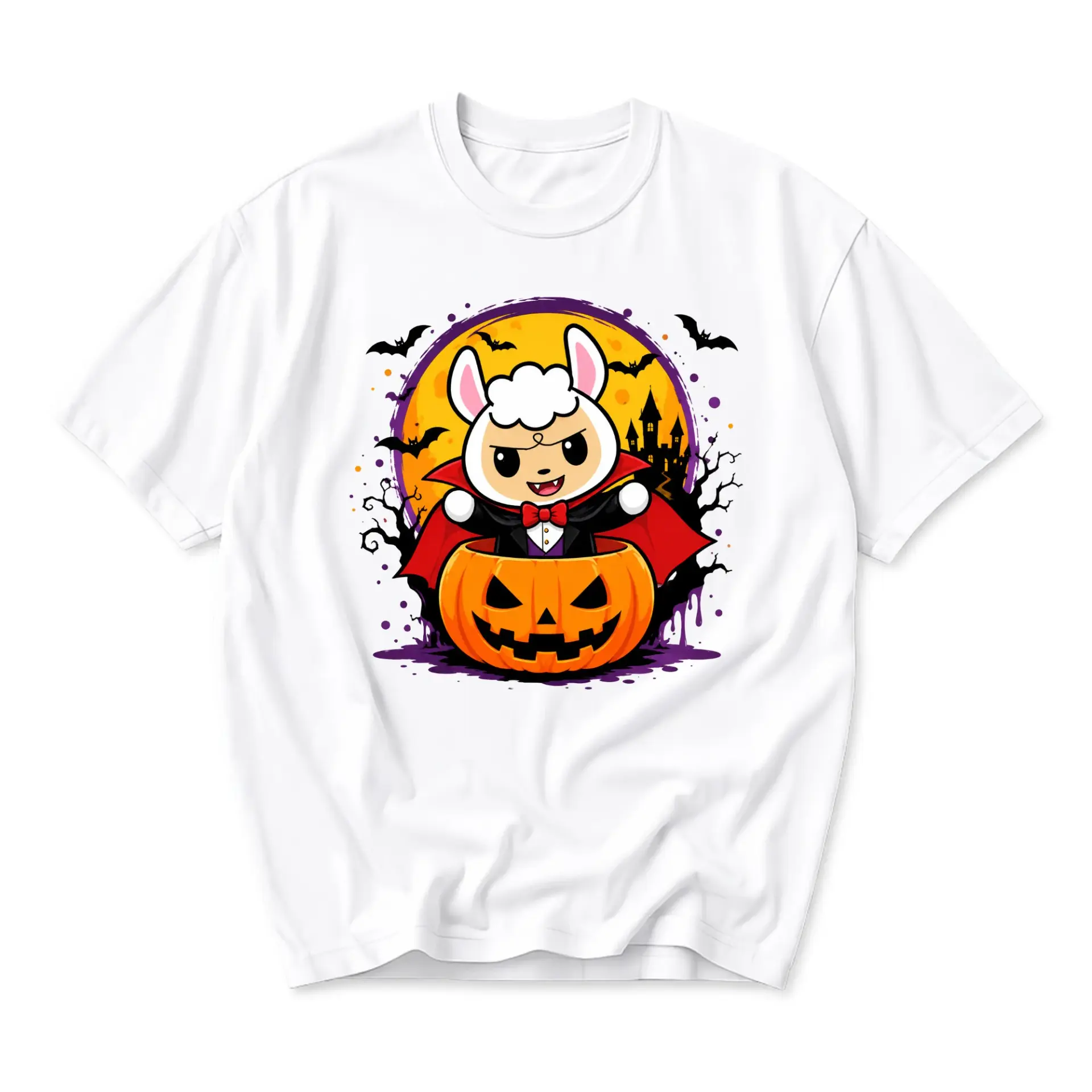 Graphic Tee Unisex Crew Neck T-Shirt Featuring a Cute Vampire Sheep Inside a Spooky Halloween Pumpkin Jack O Lantern