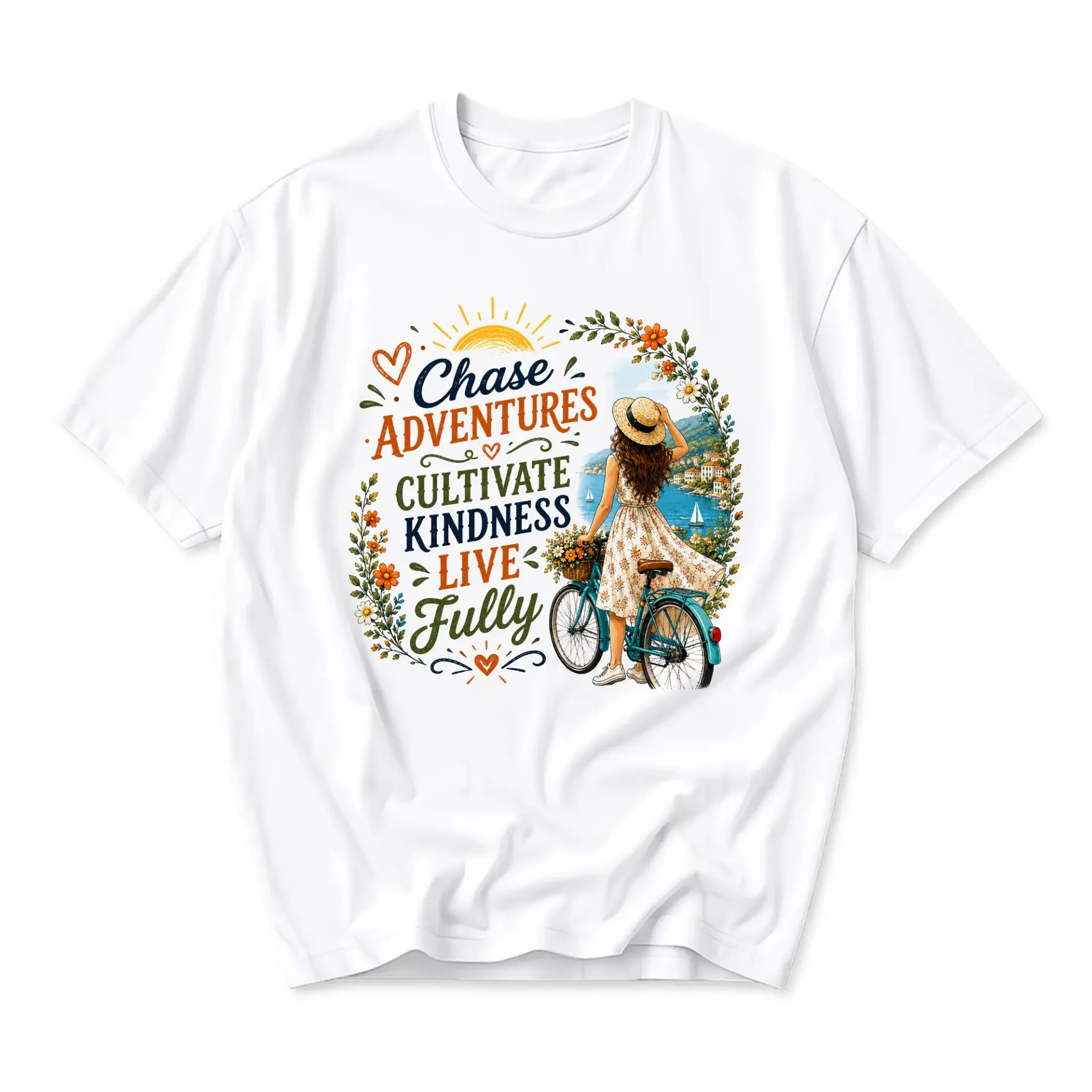 Graphic Tee Chase Adventures Cultivate Kindness Live Fully Inspirational Summer Floral Bicycle Unisex Crew Neck Shirt
