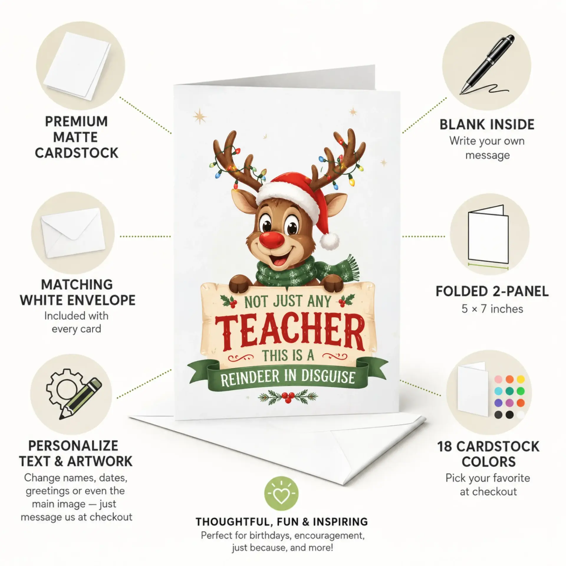 Greeting Card Holiday Reindeer Teacher Design with Envelope Premium Cardstock for Seasonal Appreciation and Greetings