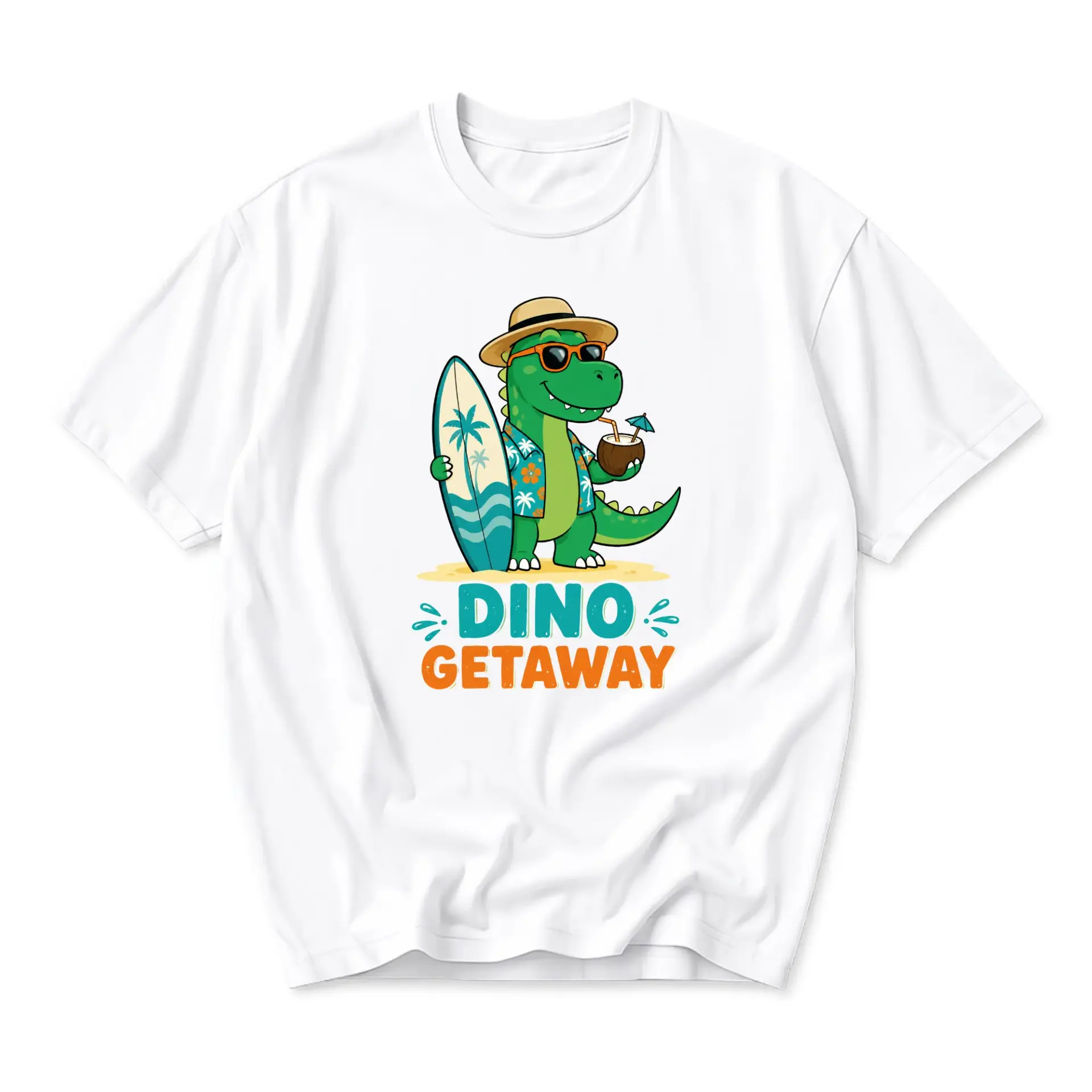 Funny Shirt Dino Getaway Graphic Tee Summer Vacation Theme Unisex Crew Neck Short Sleeve Casual Cotton T-Shirt