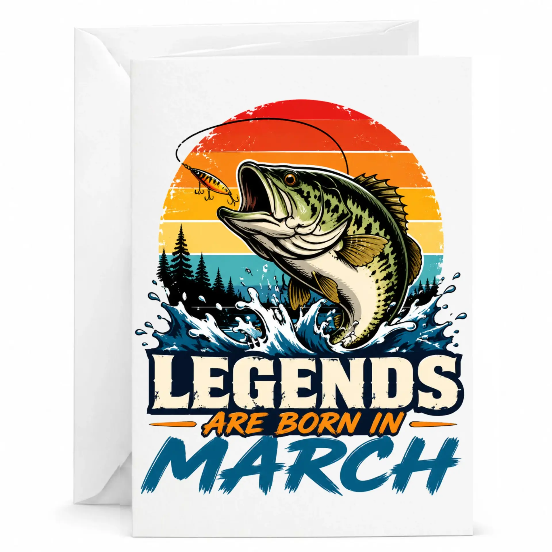 Greeting Card Legends Are Born in March Fishing Theme Professional Print Birthday Note for Outdoorsmen Enthusiasts