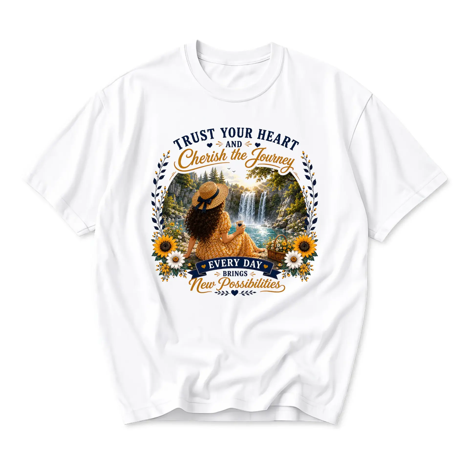 Graphic Tee Trust Your Heart and Cherish the Journey Inspirational Nature Quote Unisex Short Sleeve Casual Crewneck Shirt