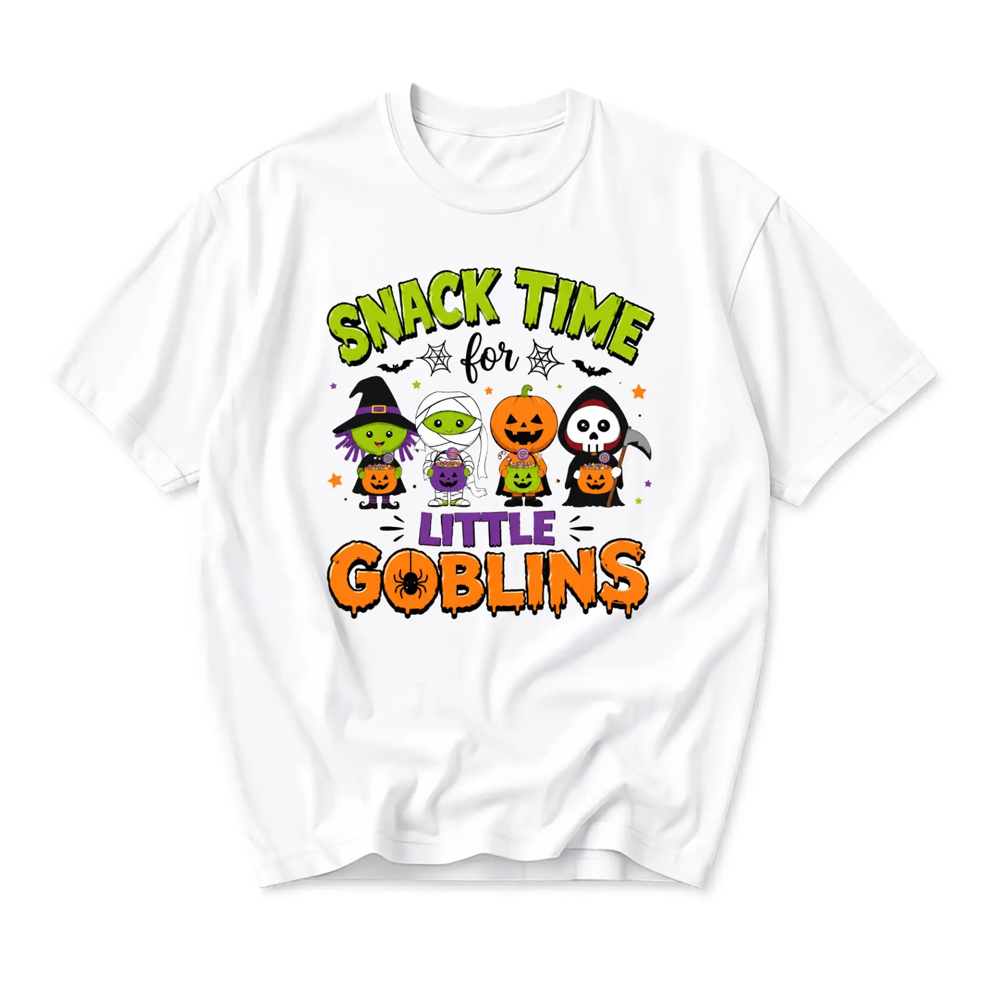 Graphic Tee Snack Time for Little Goblins Halloween Theme Unisex Crew Neck Short Sleeve Shirt for Casual Holiday Wear