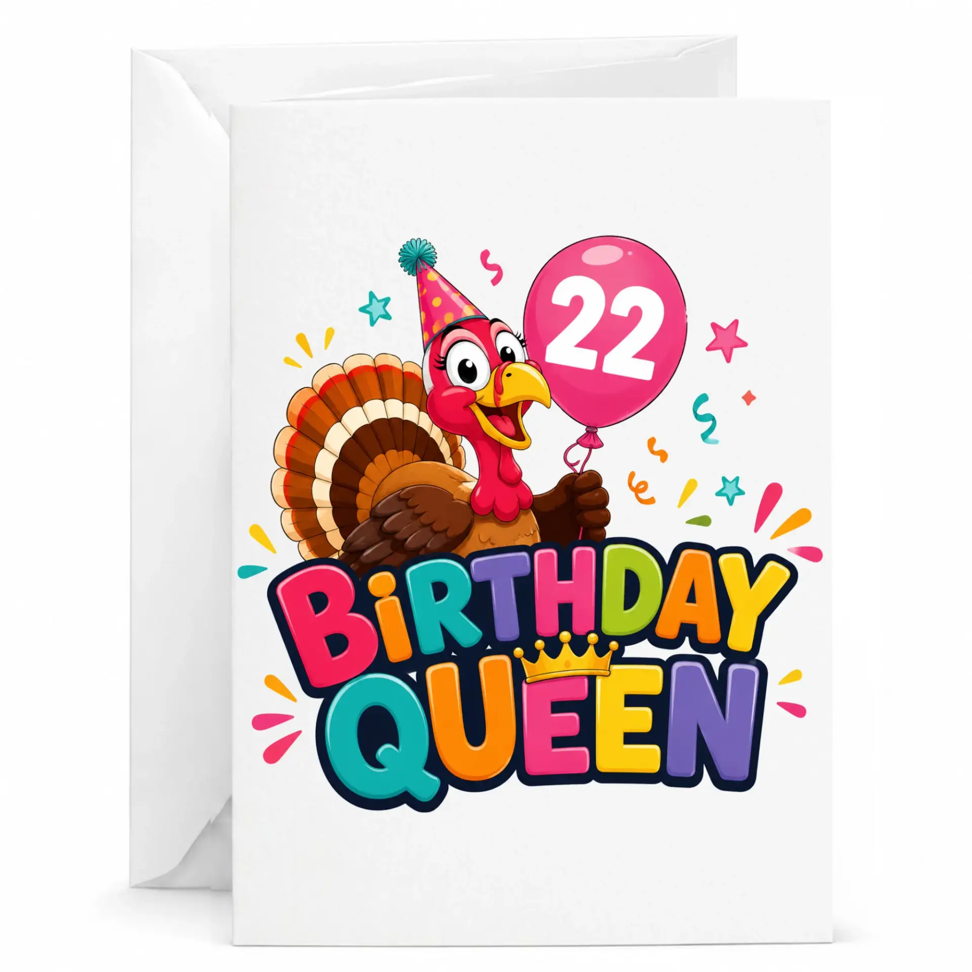 Birthday Card Featuring Festive Turkey Holding Balloon for 22nd Celebration Funny Animal Party Queen Greeting Card