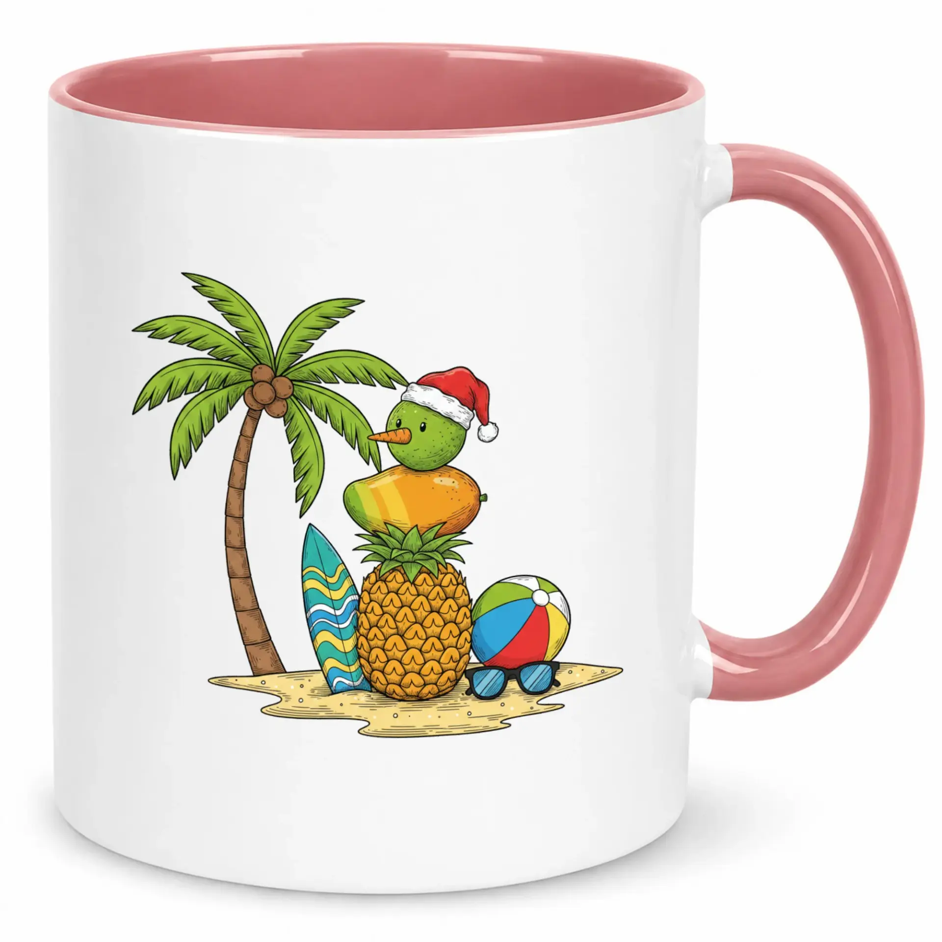 Ceramic Coffee Mug with Tropical Christmas Fruit Snowman Design Funny Beach Holiday Themed Drinkware for Seasonal Celebrations and Gift Giving