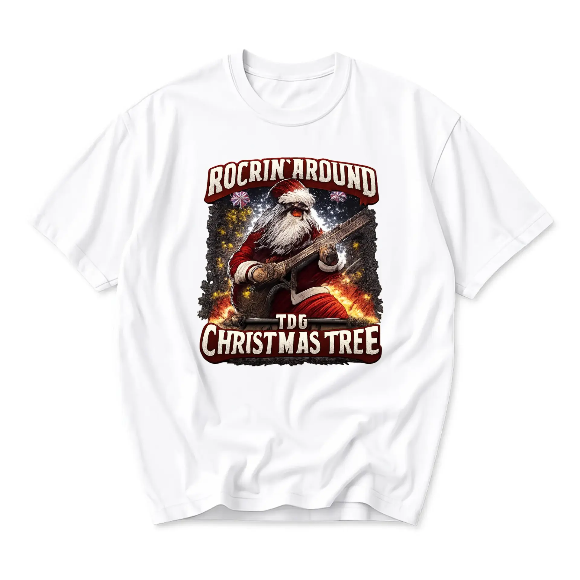 Funny Shirt Rocrin Around Christmas Tree Graphic Tee Unisex Crew Neck Casual Holiday Seasonal Apparel White Cotton T-Shirt