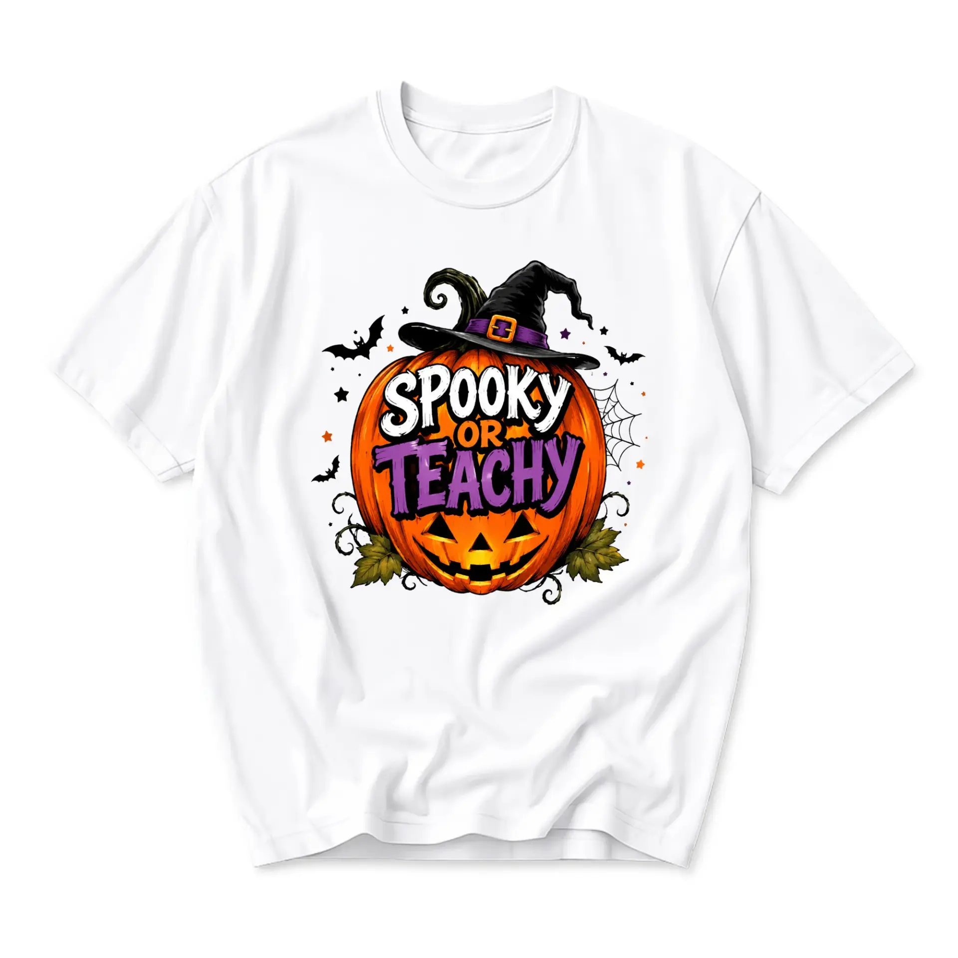 Funny Shirt Spooky or Teachy Graphic Tee Unisex Cotton Crewneck Halloween Pumpkin Witch Hat Apparel for Educators