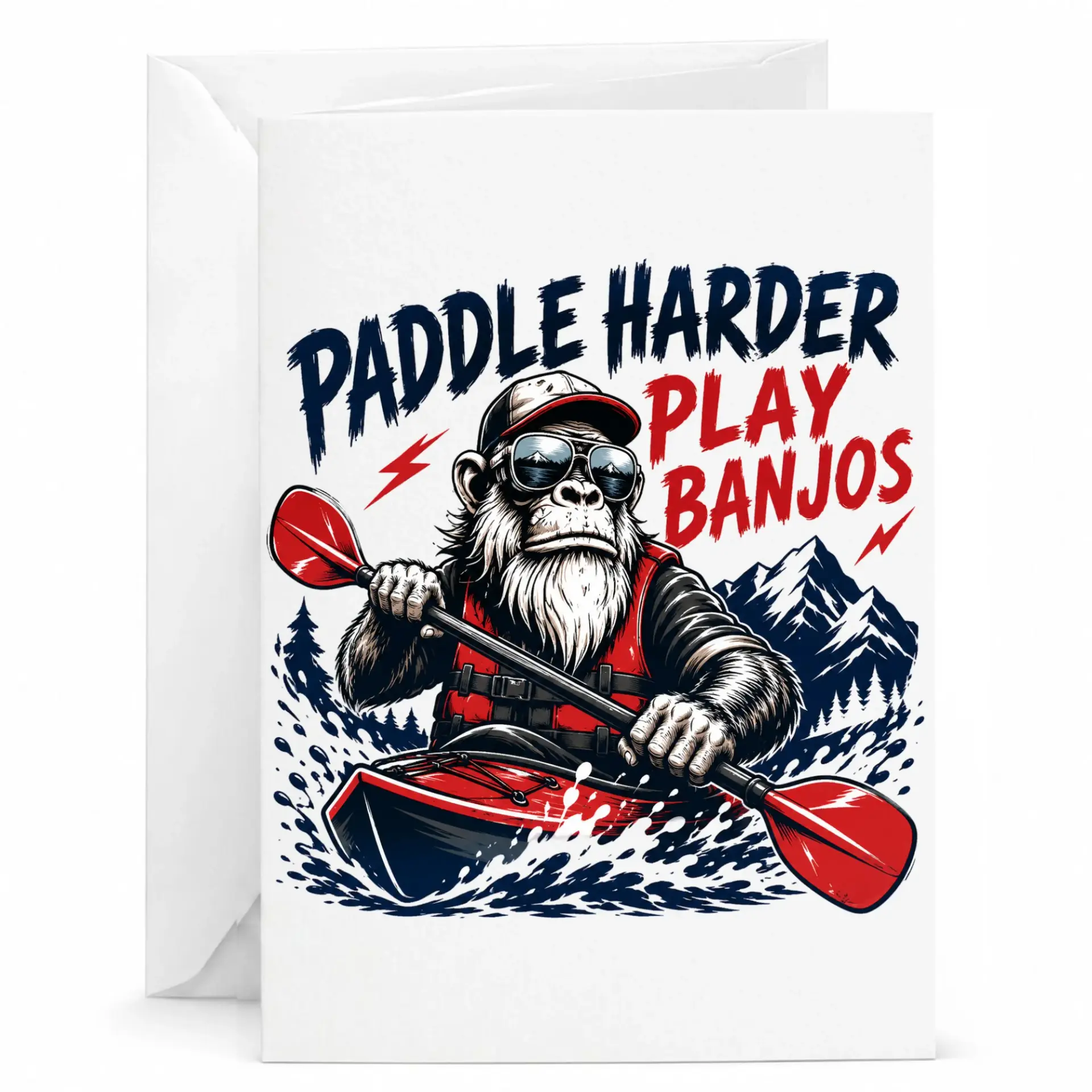 Funny Greeting Card Paddle Harder Play Banjos Design Featuring Kayaking Illustration for Various Occasions