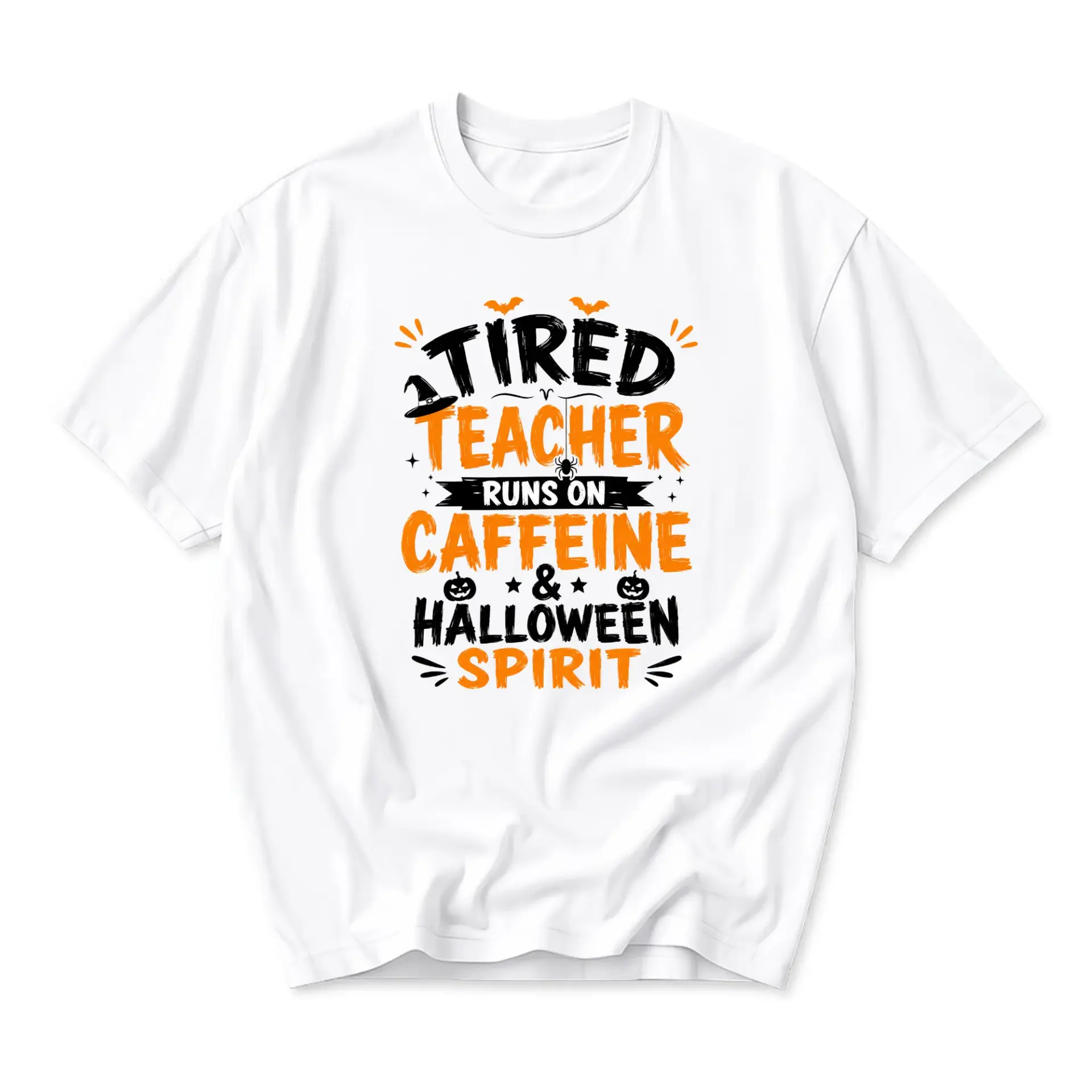 Funny Shirt Tired Teacher Runs on Caffeine and Halloween Spirit Graphic Tee Unisex Crew Neck Short Sleeve Casual Top