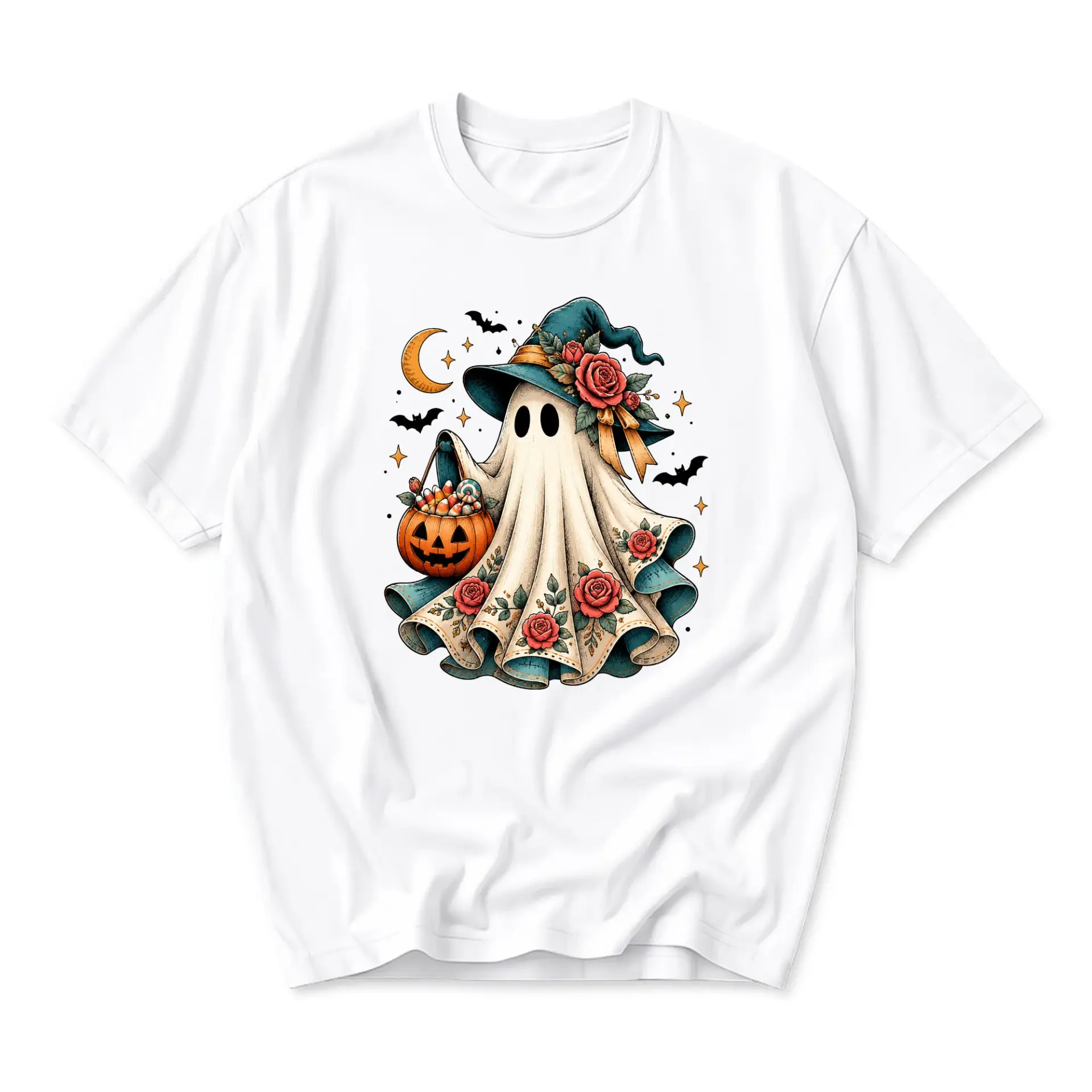 Graphic Tee Unisex Halloween Shirt Featuring a Cute Ghost in a Witch Hat with Roses and Jack O Lantern Pumpkin