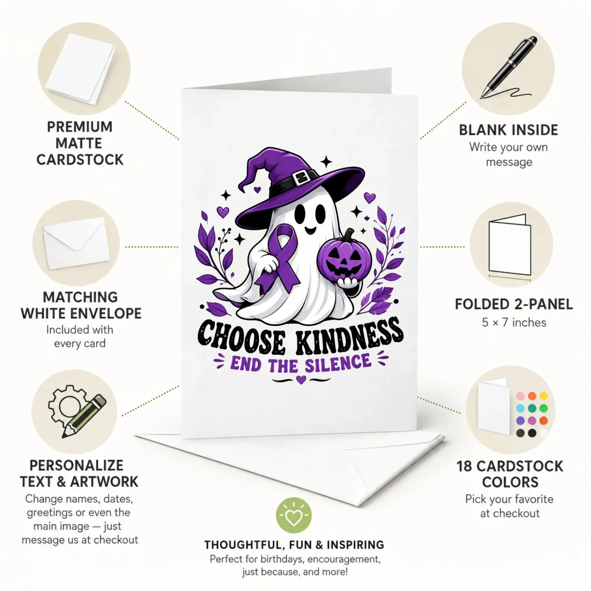 Greeting Card Choose Kindness End the Silence Featuring Cute Ghost with Purple Awareness Ribbon and Halloween Pumpkin Art