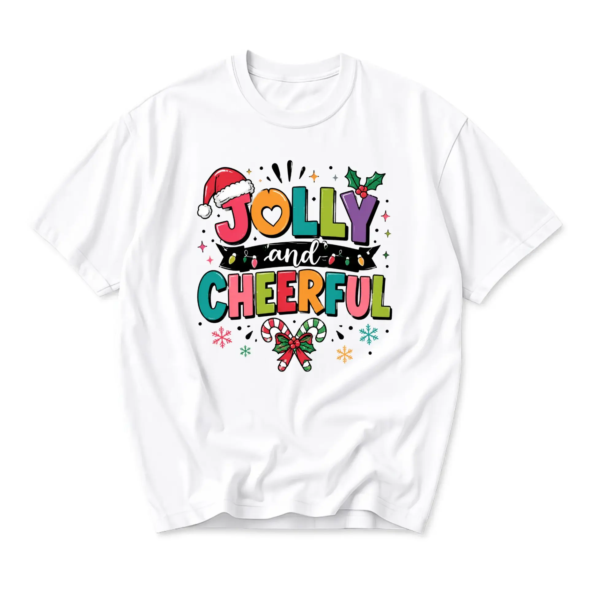 T-shirt Jolly and Cheerful Holiday Graphic Tee Festive Unisex Crew Neck Casual Everyday Top Seasonal Winter Apparel