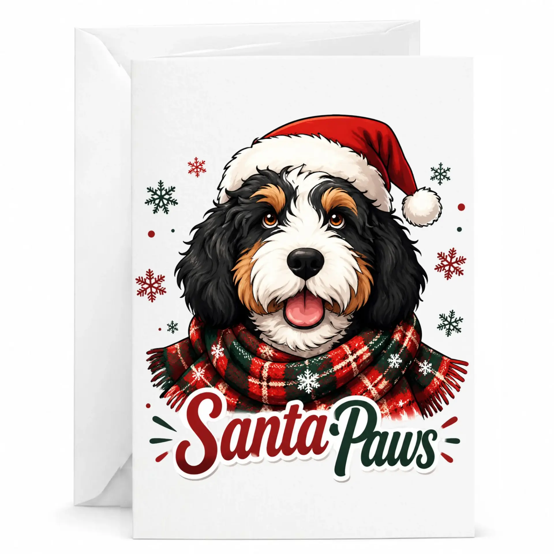 Funny Santa Paws Greeting Card for Holiday Season with Festive Dog Design, 5x7 Inches Folded Card with Matching Envelope
