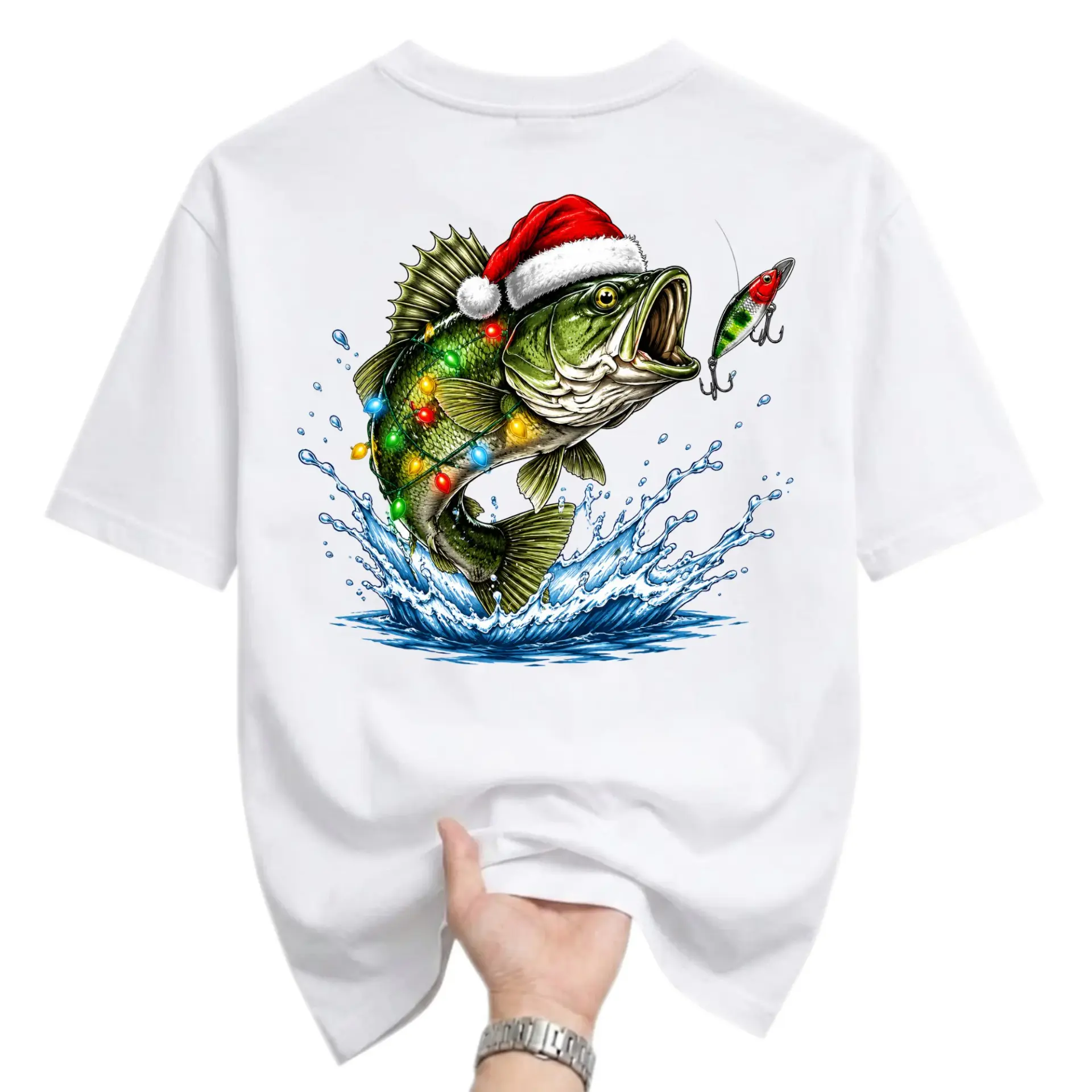 Graphic Tee Unisex Short Sleeve Crew Neck Shirt Featuring a Festive Christmas Fish Design with Holiday Lights