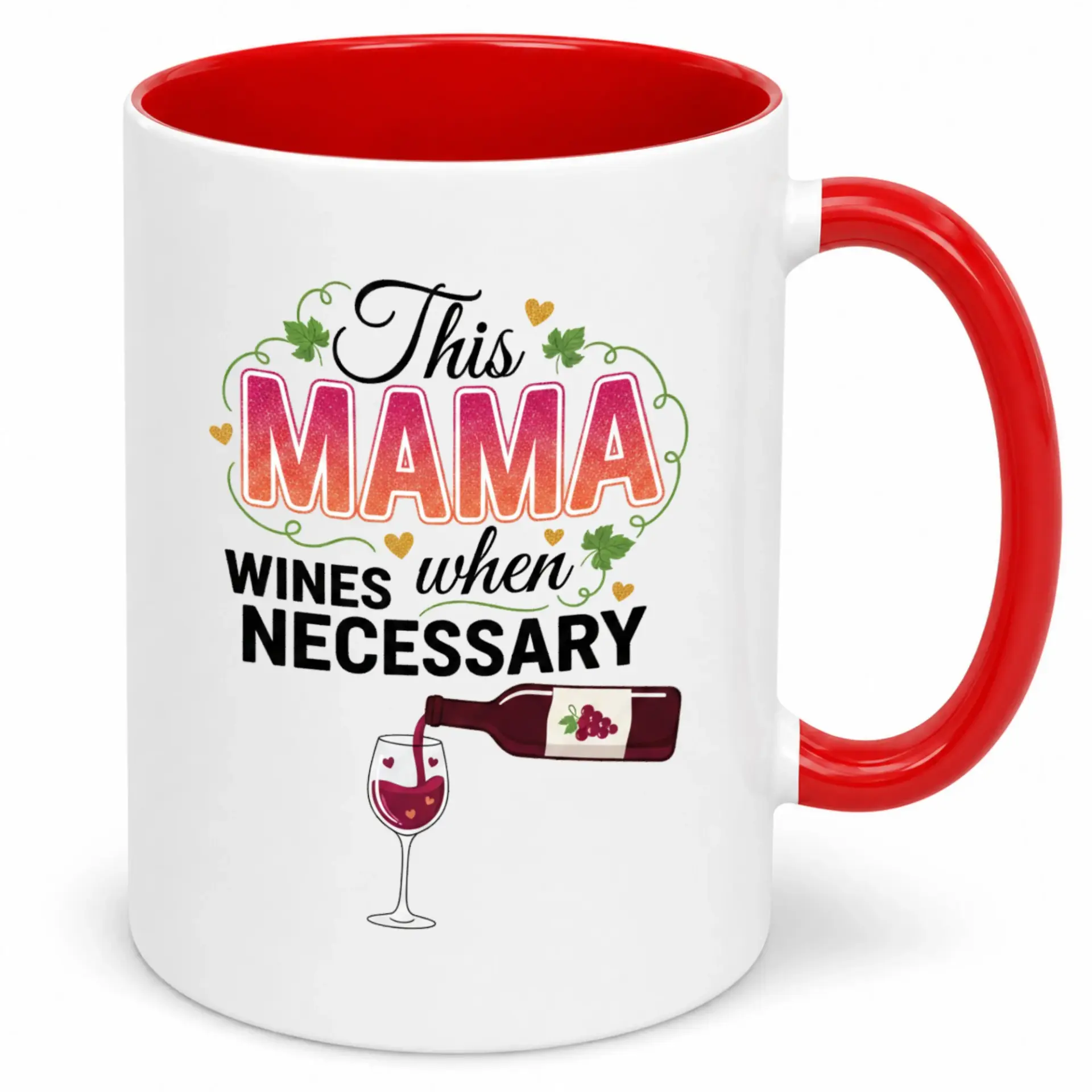 Funny Mama Wine Lover Ceramic Coffee Mug with Red Handle Humorous Gift for Moms Who Enjoy a Sip of Humor