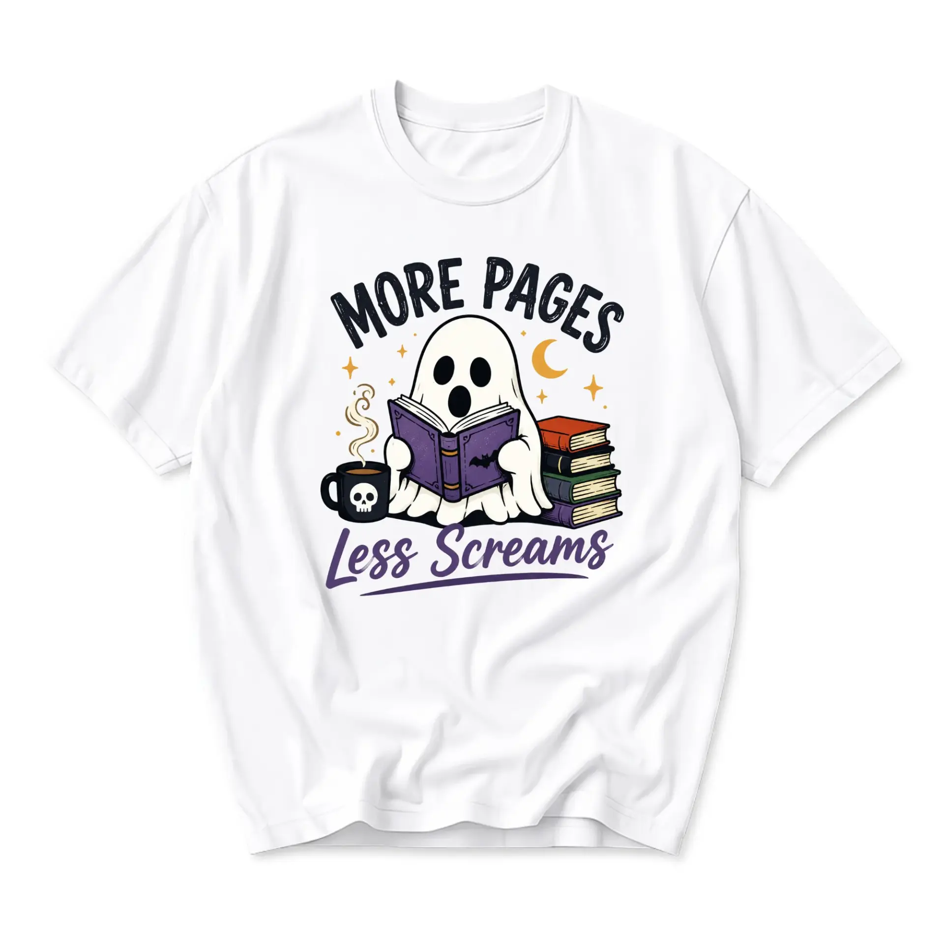 Funny Shirt More Pages Less Screams Ghost Reading Book Graphic Tee Unisex Casual Crew Neck Comfortable Cotton Top