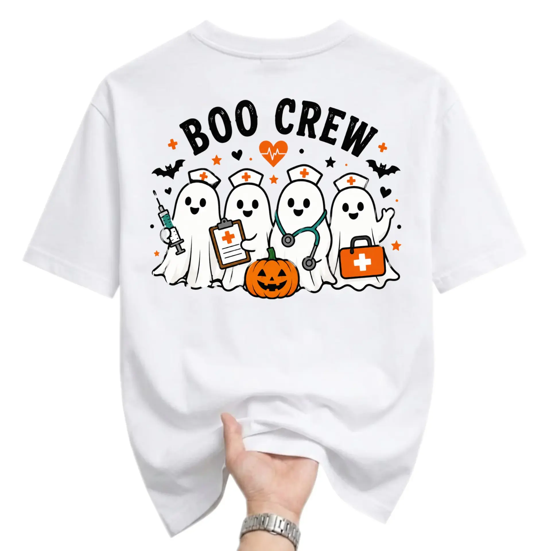 Funny Shirt Boo Crew Ghost Nurse Graphic Tee Seasonal Halloween Costume Unisex Casual Cotton Blend Crew Neck Top