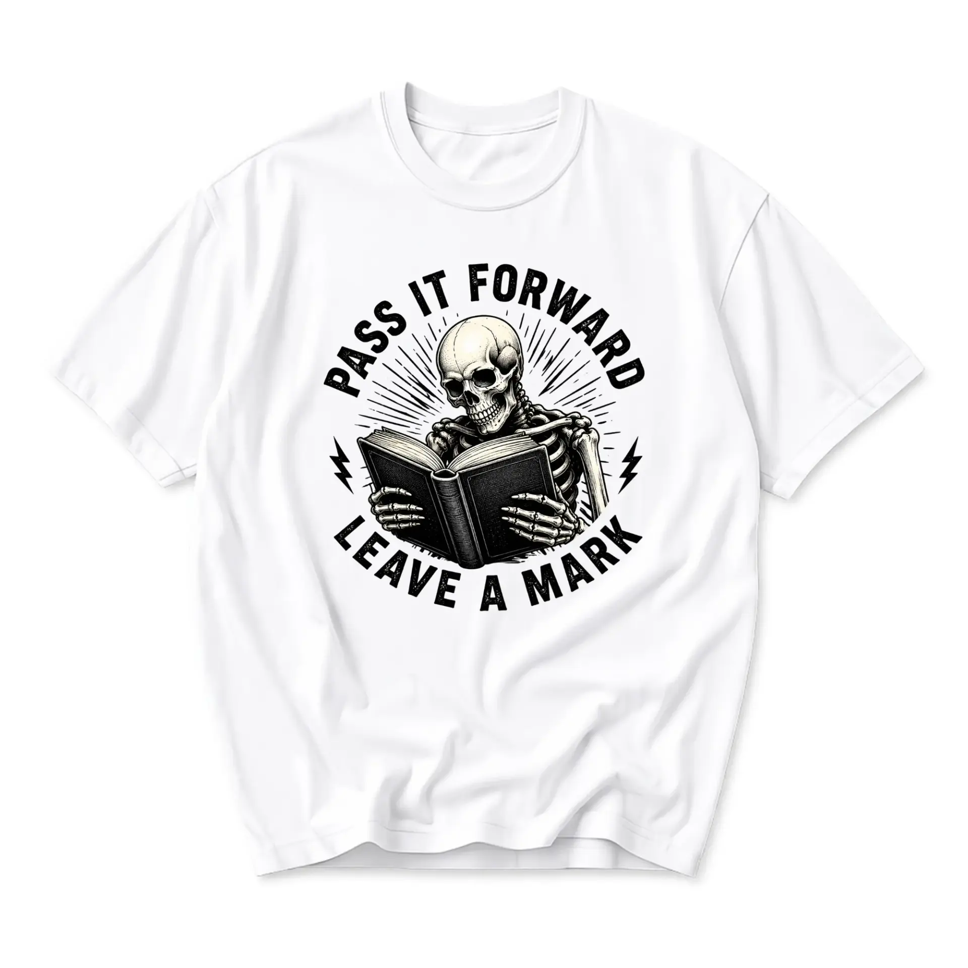 Graphic Tee Pass It Forward Leave a Mark Skeleton Reading Book Design Unisex Crew Neck Soft Cotton Casual T-Shirt