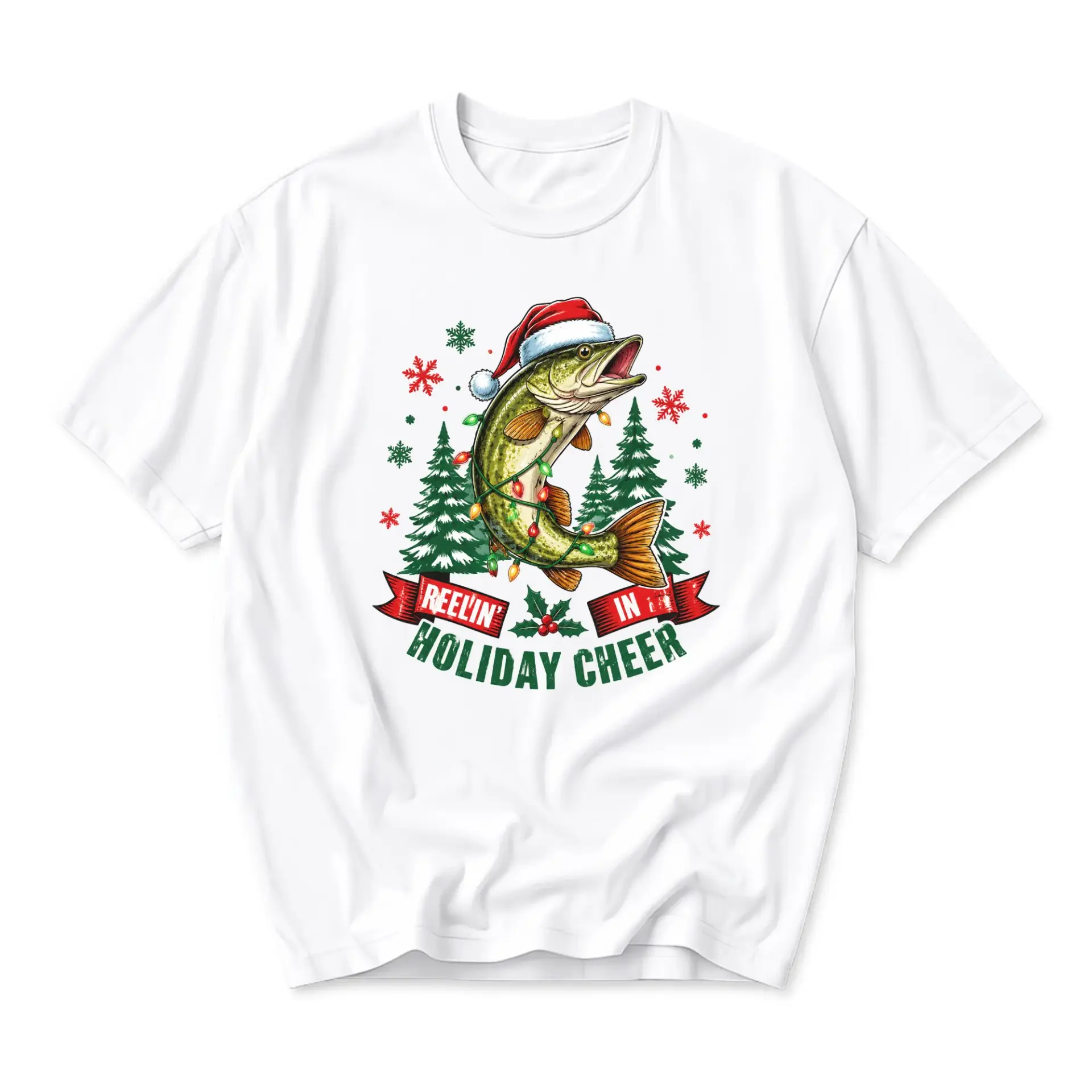 Funny Shirt Reelin in Holiday Cheer Fishing Graphic Tee Unisex Short Sleeve