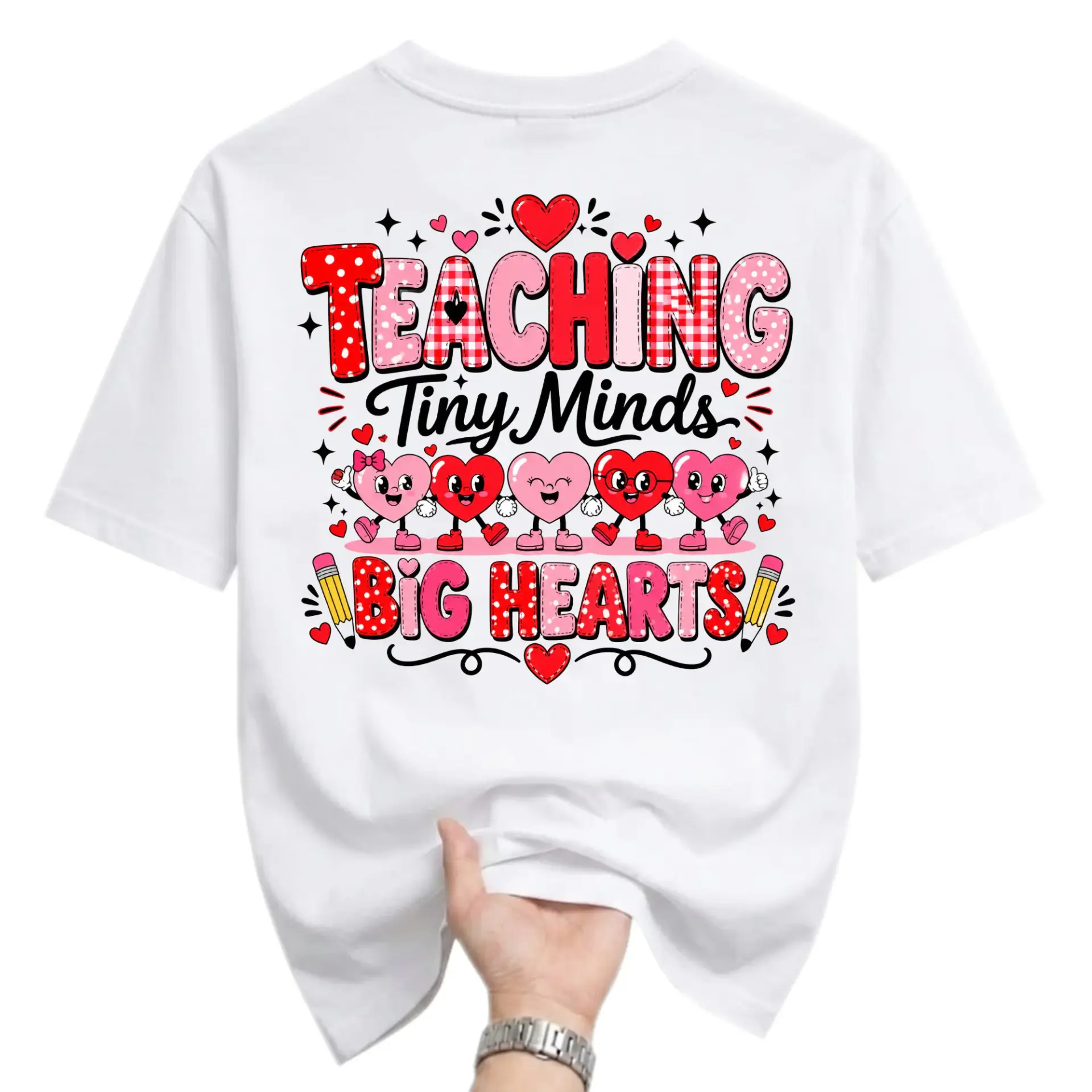 Graphic Tee Teaching Tiny Minds Big Hearts Unisex Crew Neck Short Sleeve Shirt for Casual Everyday Fashion Wear