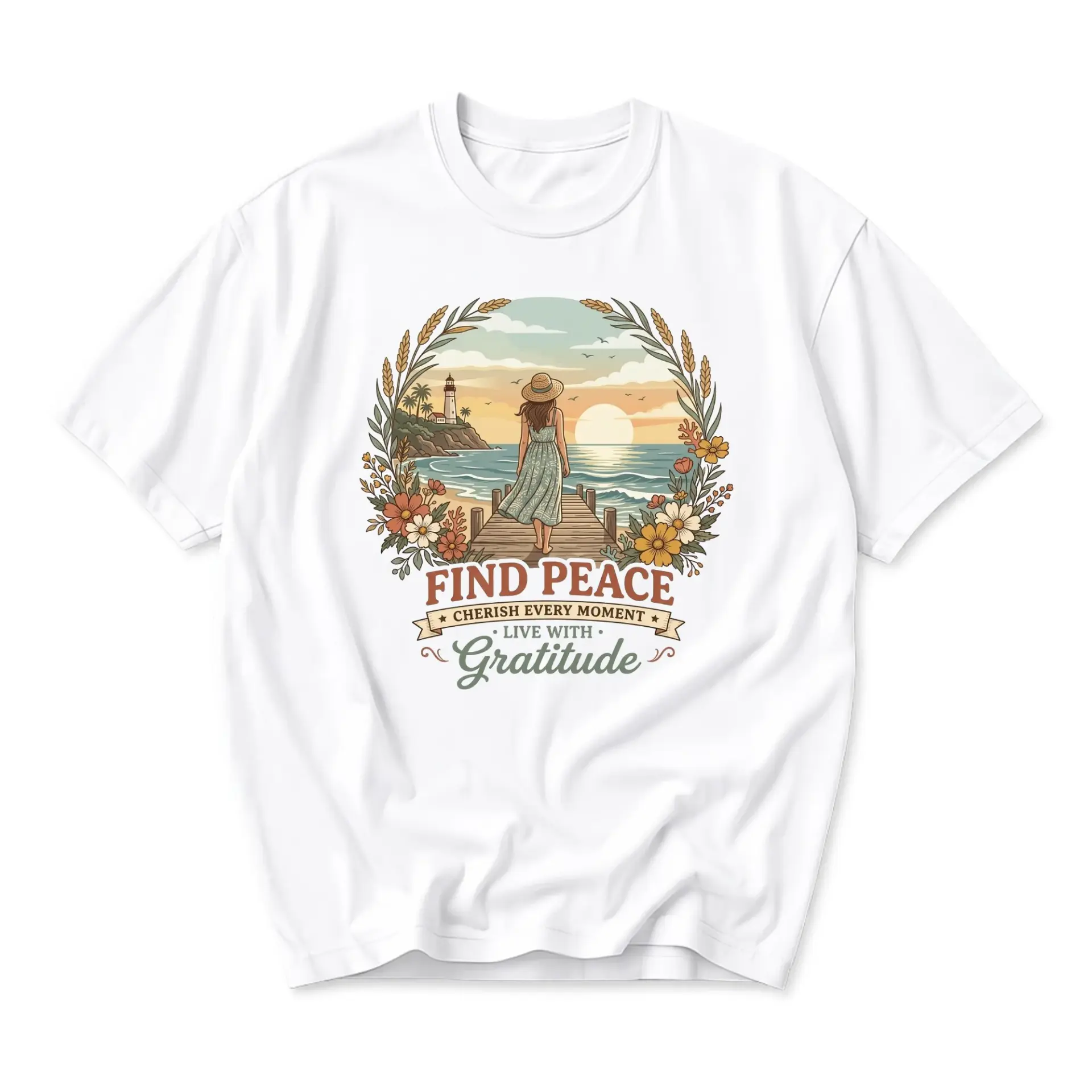 T-shirt Find Peace Graphic Tee Women Standing on Dock Beach Sunset Floral Illustration Casual Unisex Crew Neck