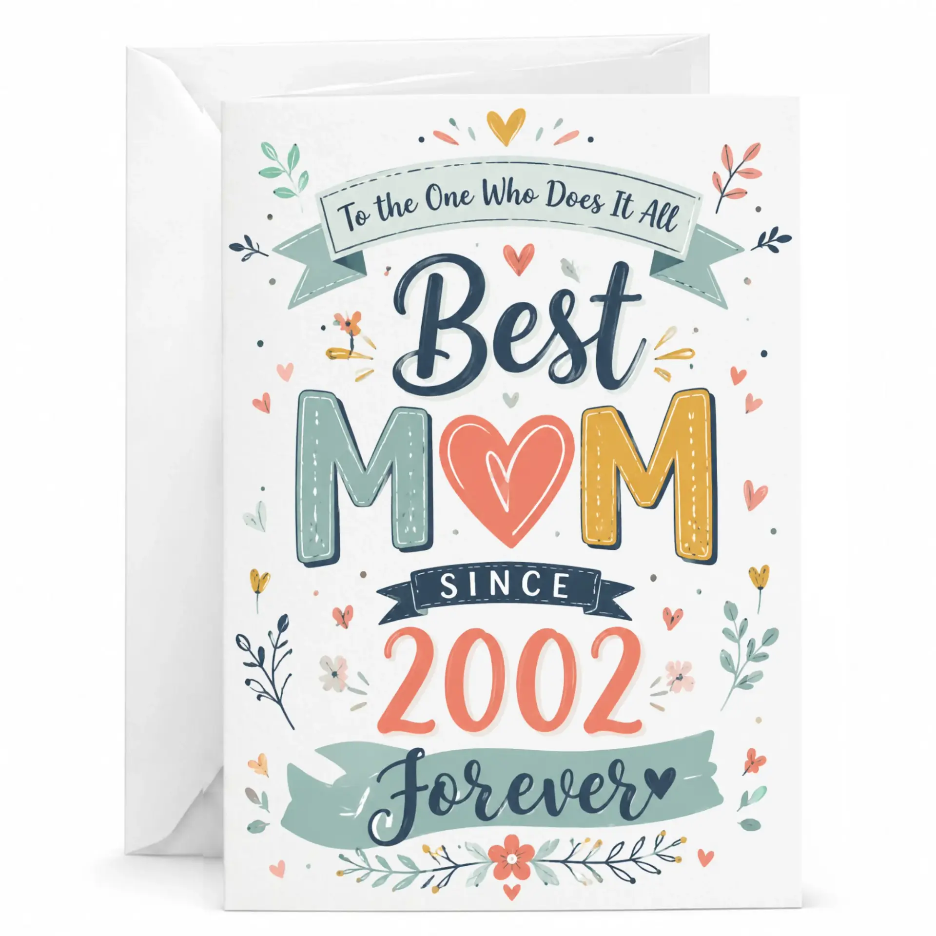 Greeting Card for Mom Best Mom Since 2002 Illustrated Floral Design 5x7 Folded Note Card with White Envelope