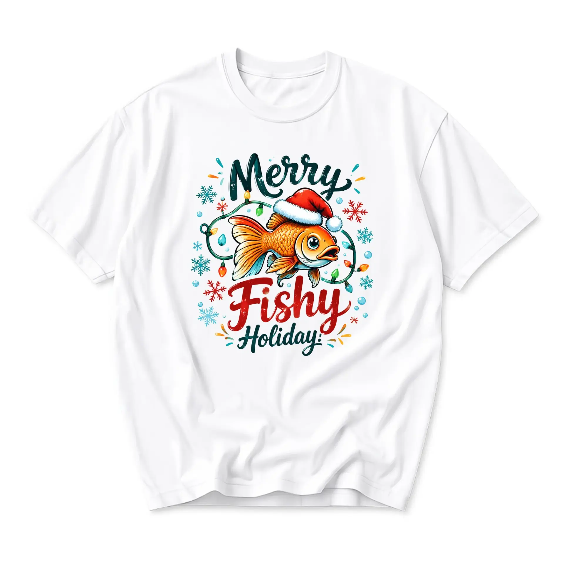 Funny Shirt Merry Fishy Holiday Graphic Tee Themed Casual Unisex Crew Neck
