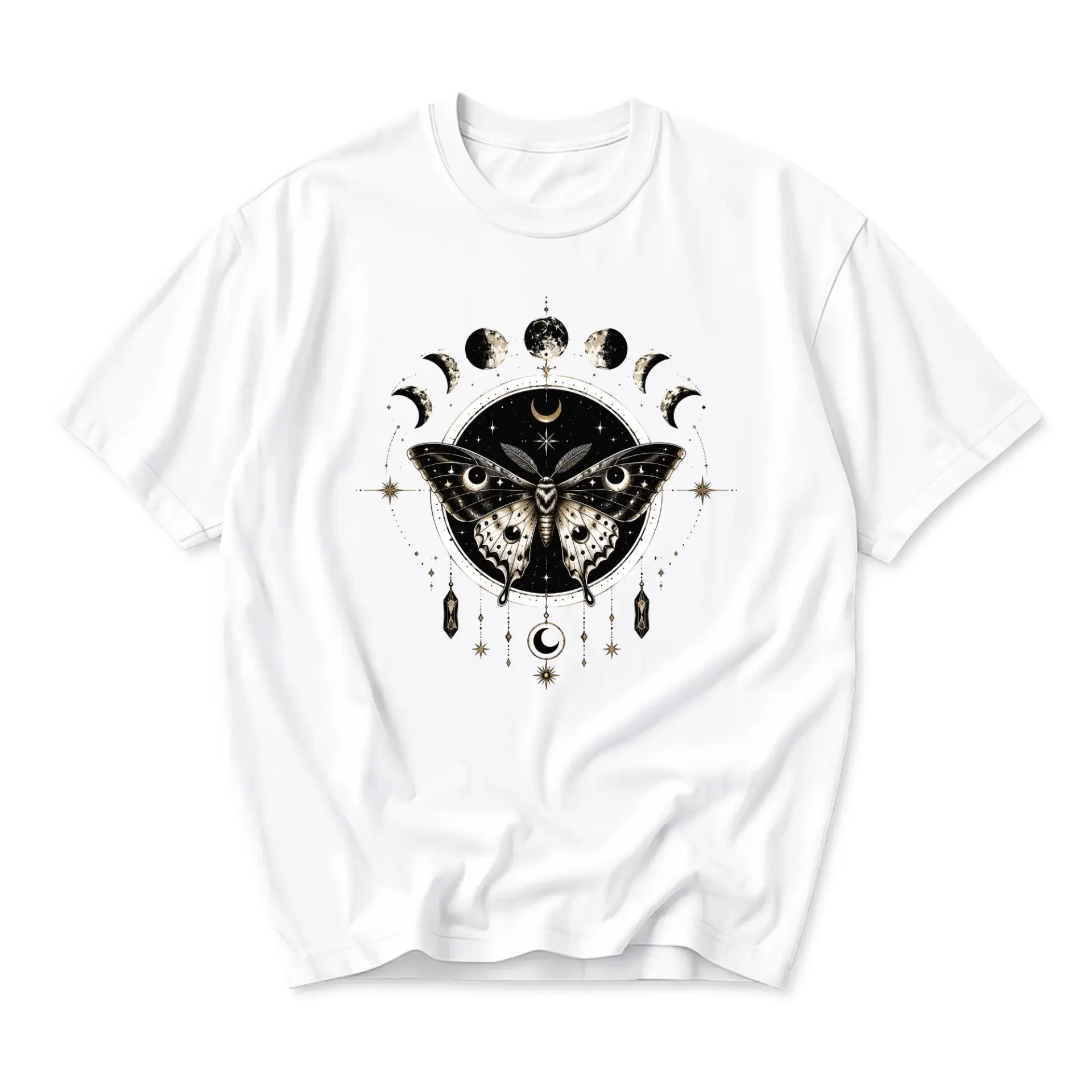 Graphic Tee Celestial Moth Moon Phases Design Unisex Crew Neck Soft Cotton Casual Everyday Top for Men and Women