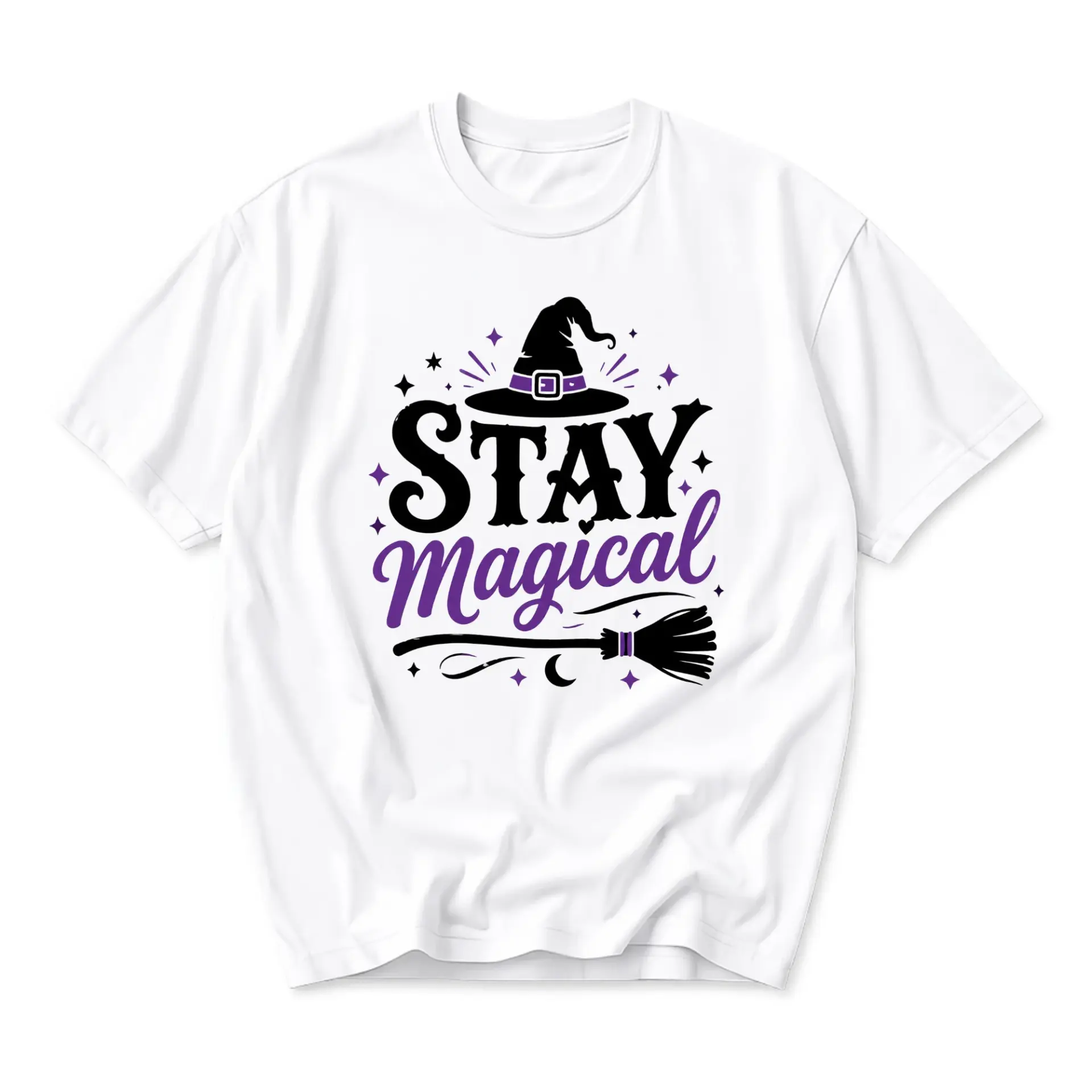Graphic Tee Stay Magical Witch Hat Broomstick Unisex Crew Neck Casual Everyday Short Sleeve Shirt White Apparel