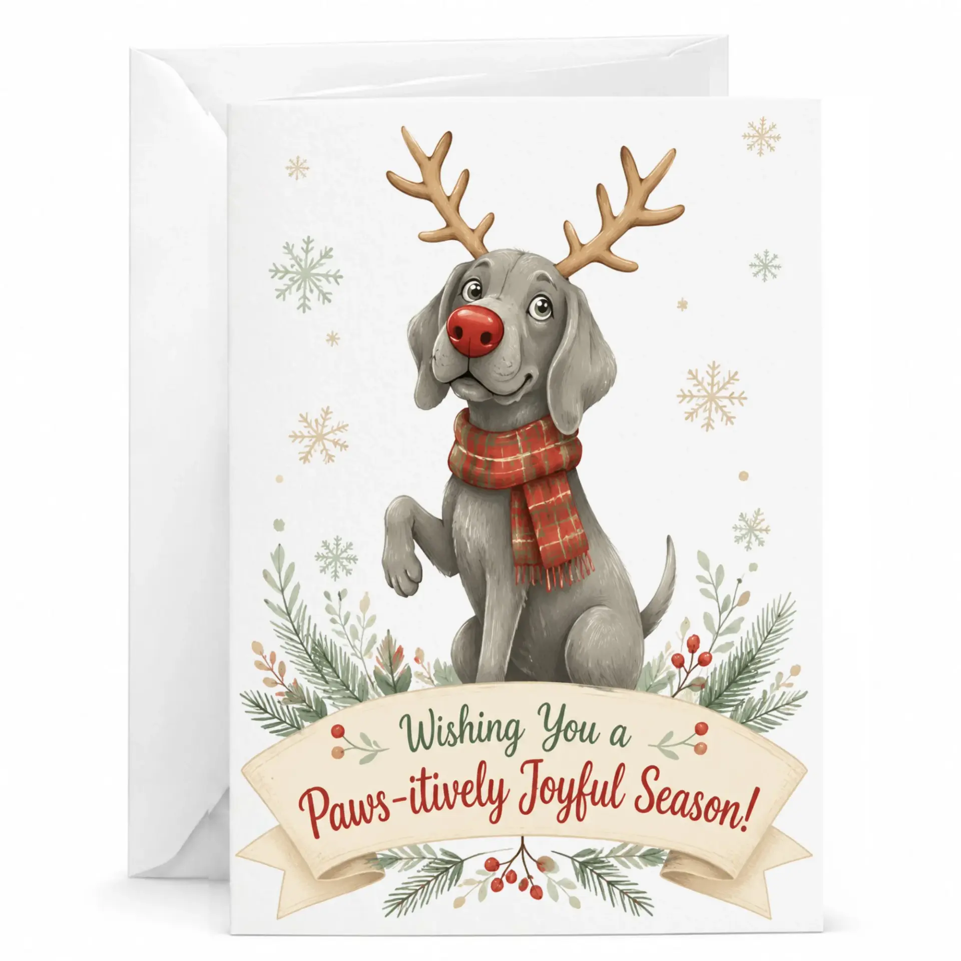 Funny Greeting Card Featuring a Cute Dog Wearing Reindeer Antlers and a Scarf for Holiday Greetings and Winter Celebrations