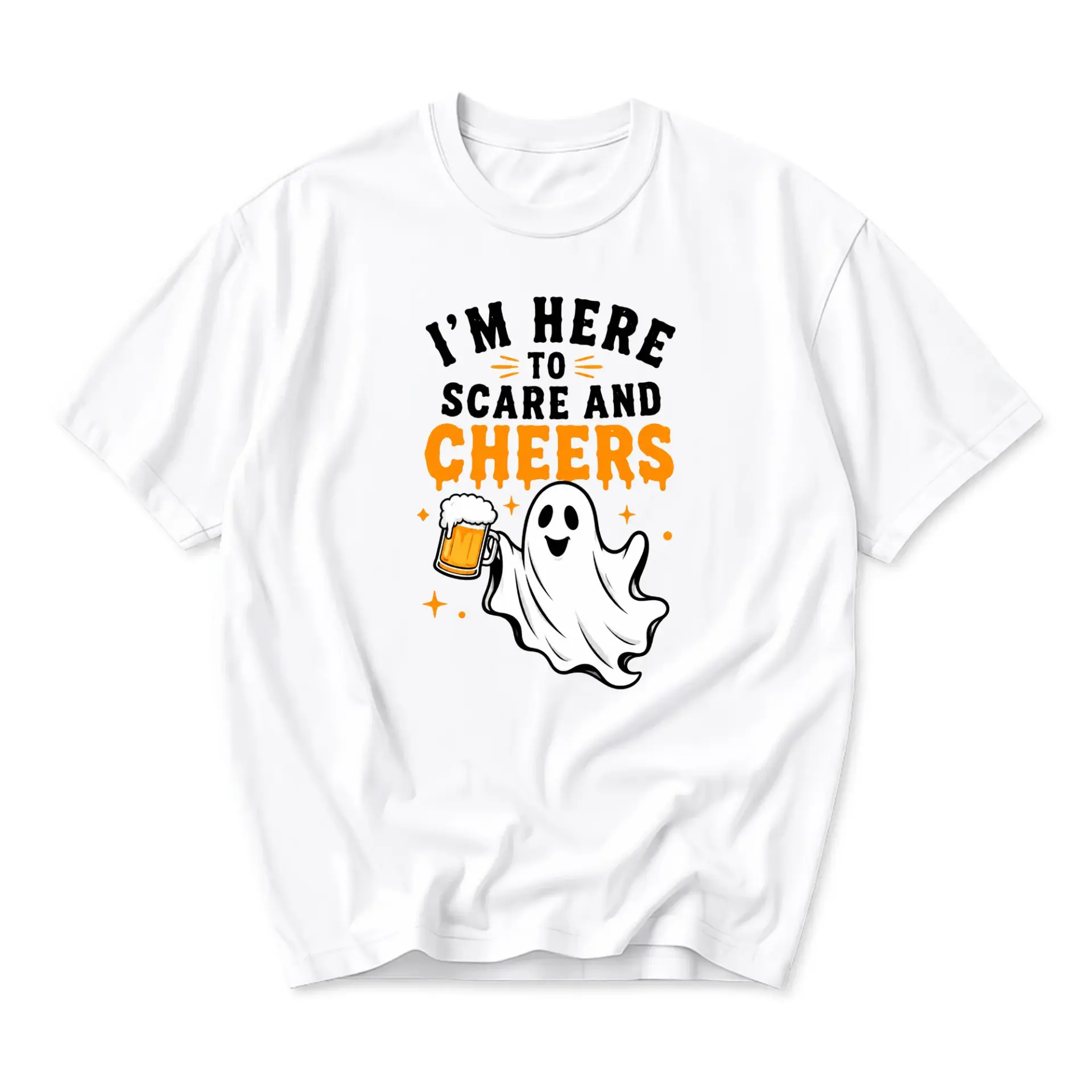 Funny Shirt I'm Here to Scare and Cheers Graphic Tee White Casual Cotton Blend Unisex Crew Neck Top for Halloween