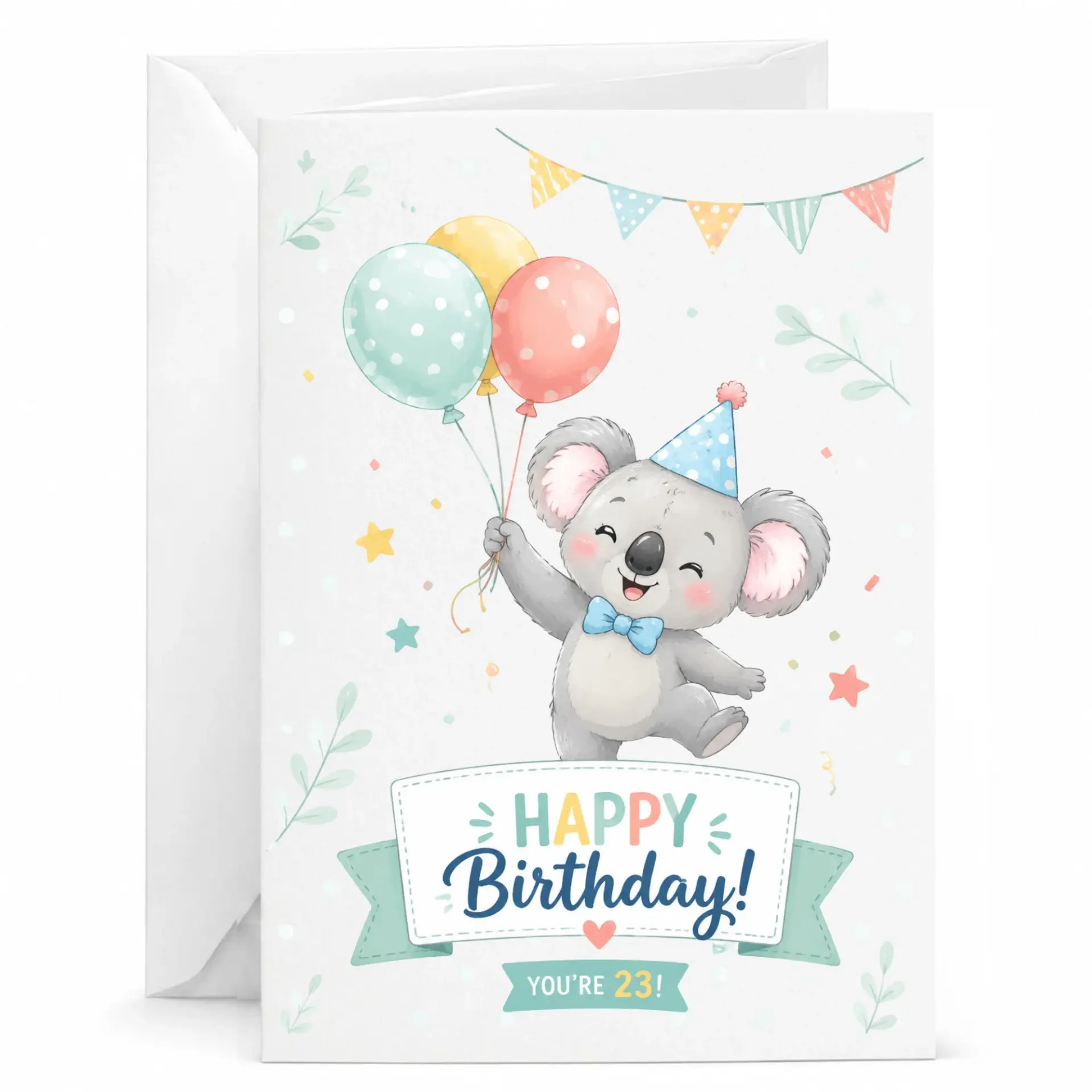 Birthday Card Featuring a Cute Koala Bear Holding Colorful Balloons and Party Banner for Twenty Third Birthday