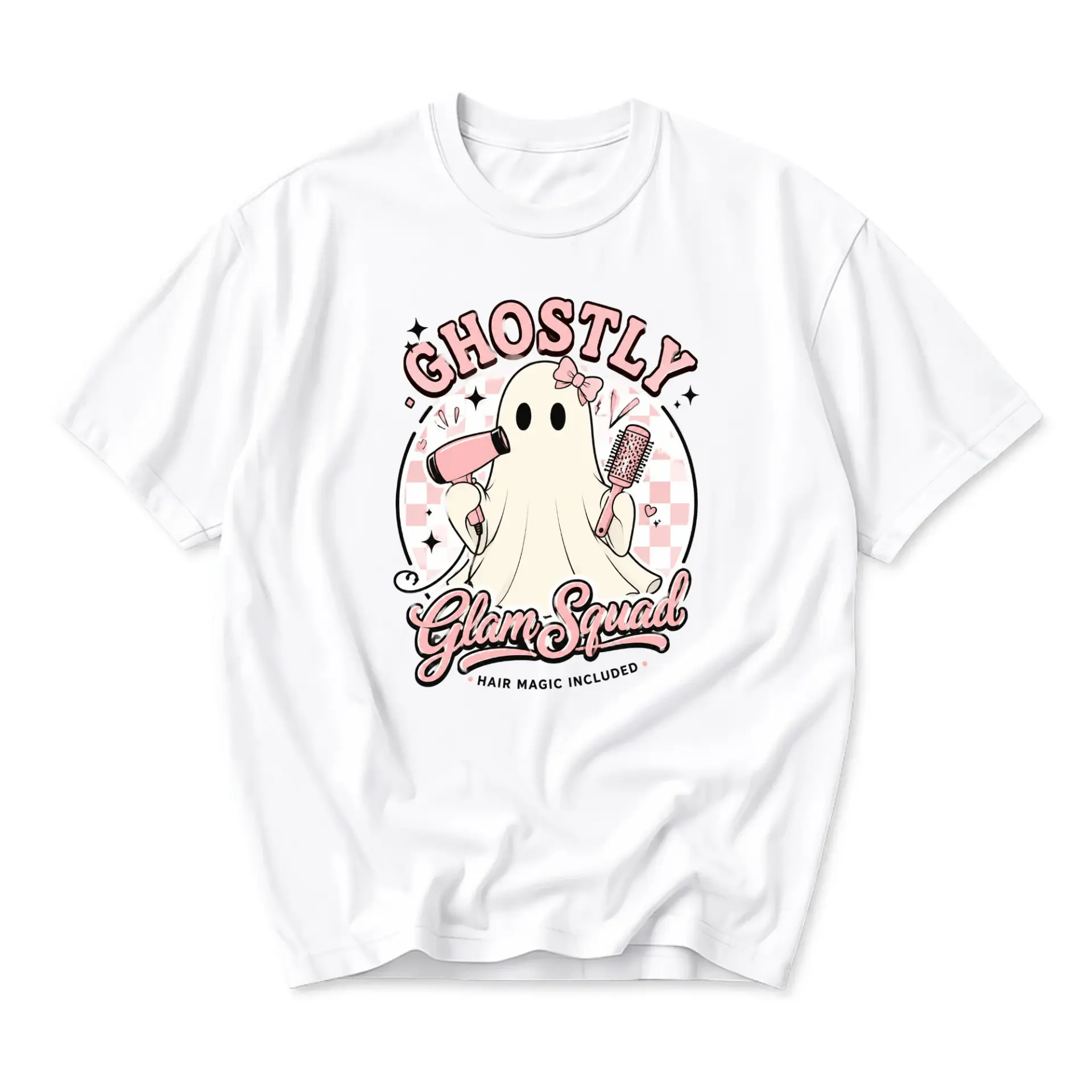Funny Shirt Ghostly Glam Squad Graphic Tee Featuring Cute Ghost with Hair Tools for Stylish Casual Everyday Wear