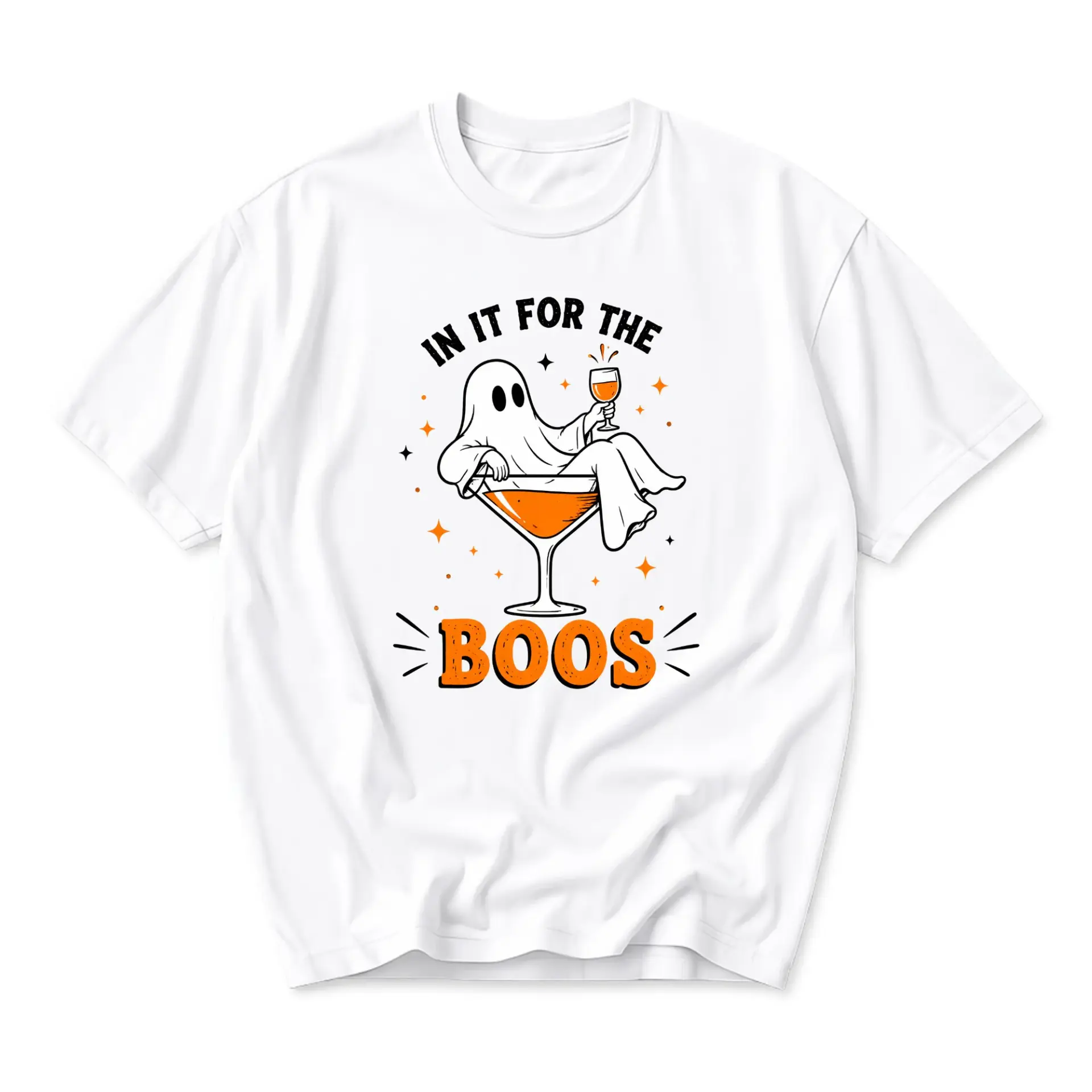Funny Shirt in It for the Boos Ghost Drinking Cocktail Graphic Tee Unisex Casual Short Sleeve Crew Neck Cotton Blend